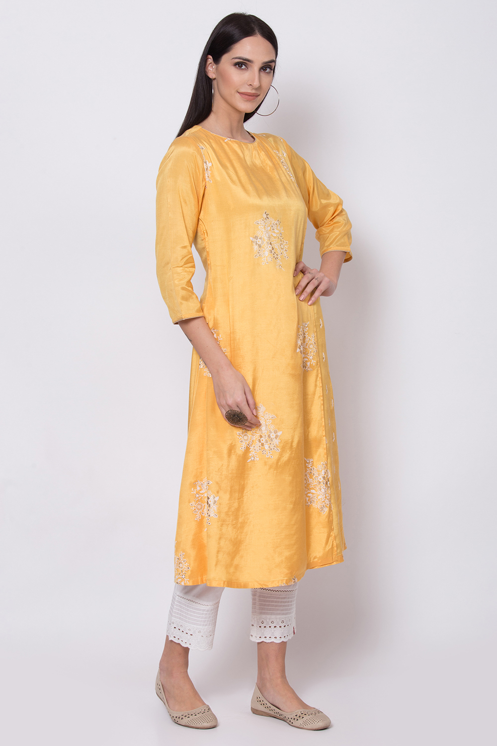 Yellow Viscose A-Line Printed Kurta image number 3