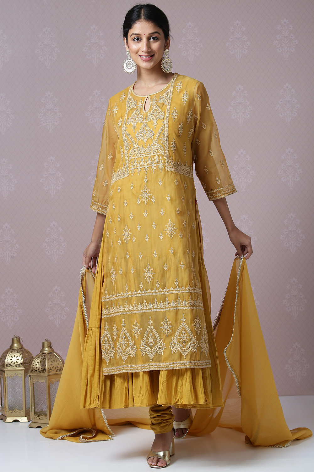 Mustard Art Silk Double Layered Kurta Churidar Suit Set image number 0