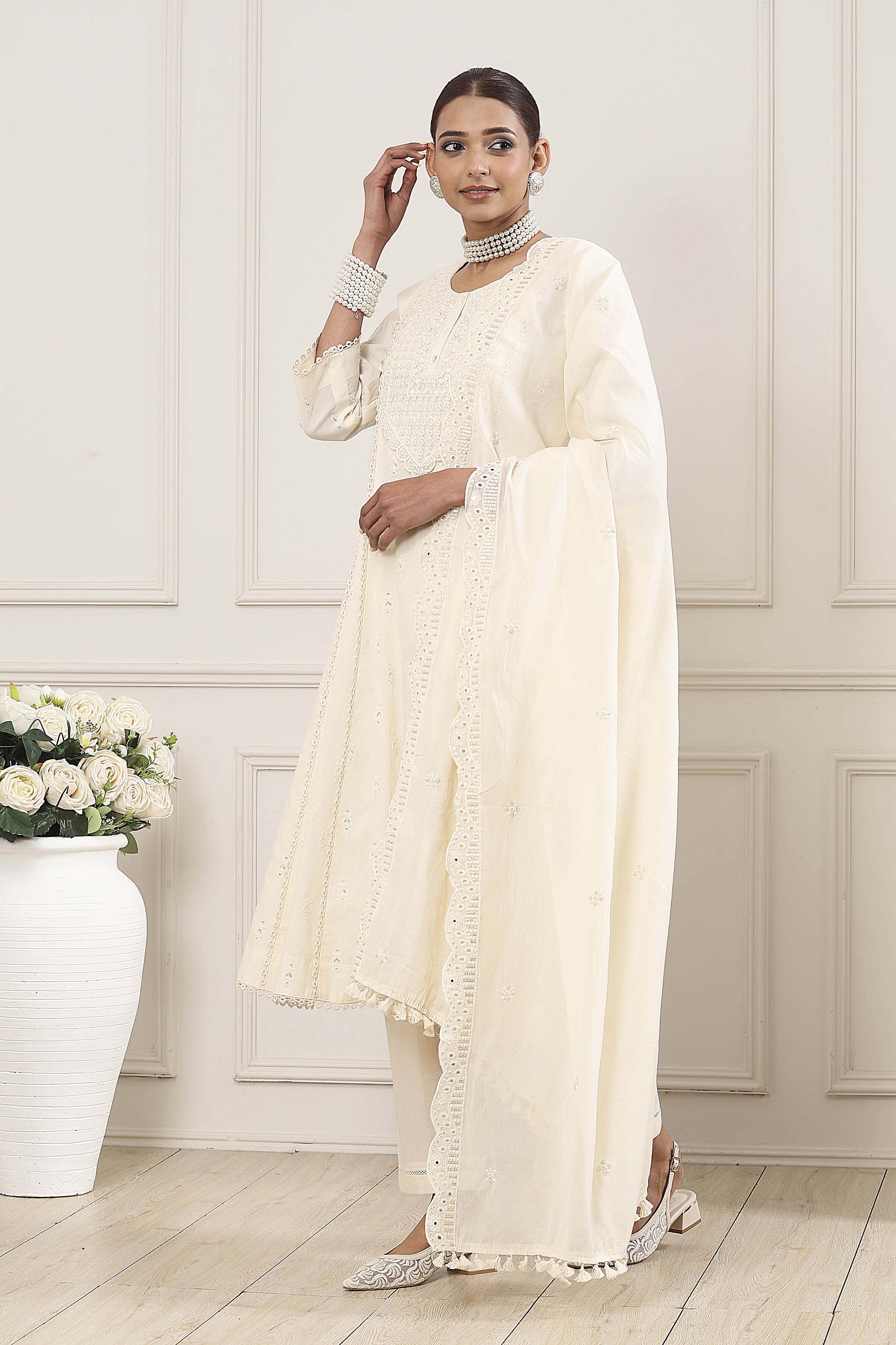 Ecru Cotton Embroidered Kalidar Suit Set image number 3