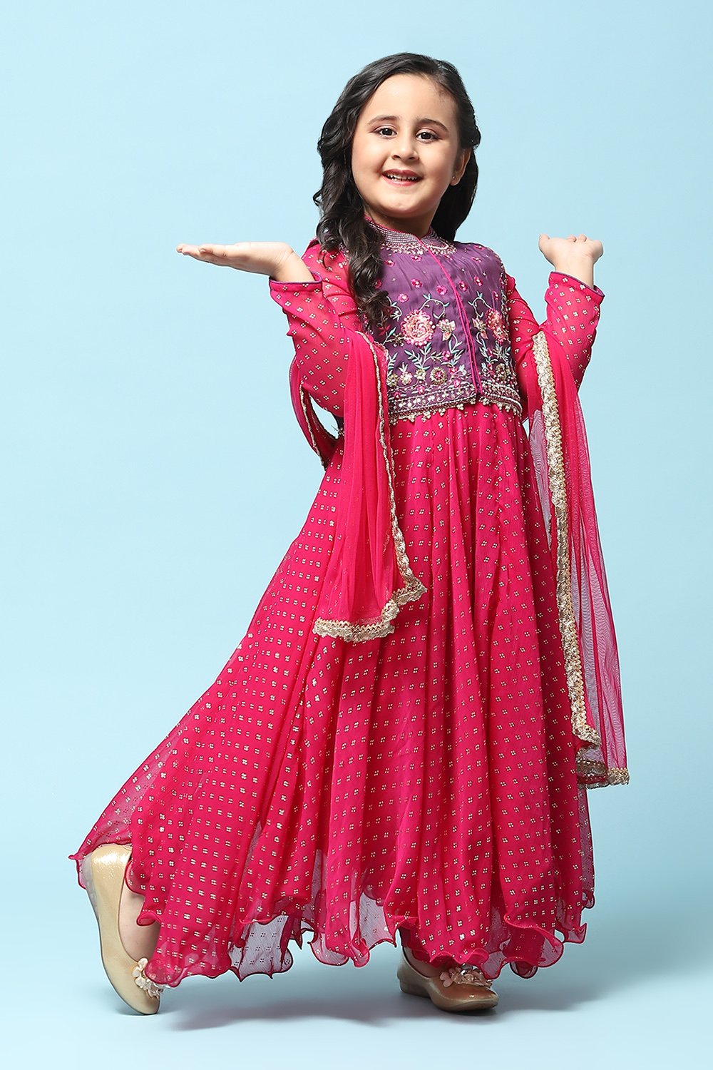 Magenta Cotton Blend Flared Printed Suit Set image number 0