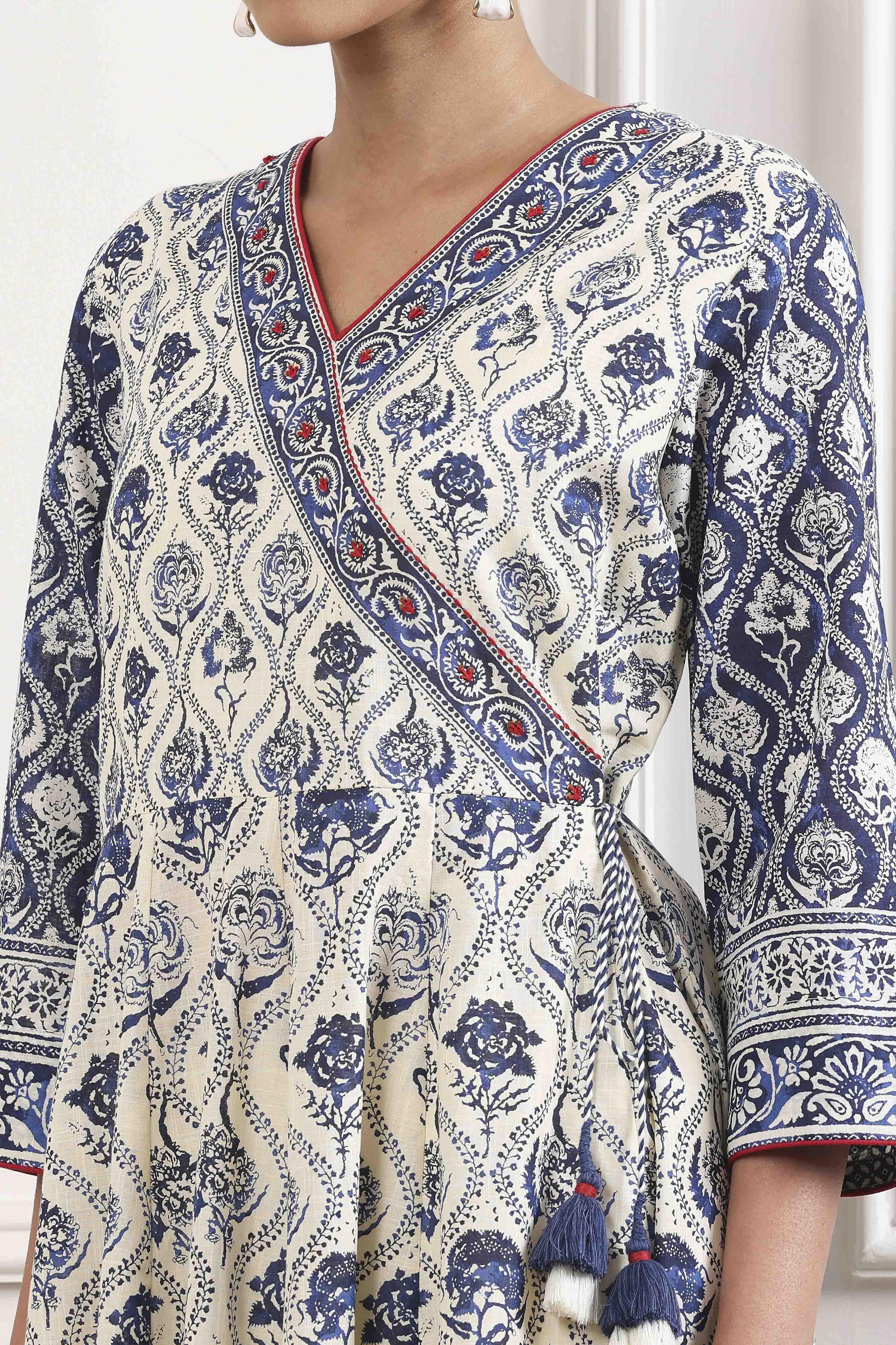 Indigo and Off-White Cotton Angrakha Anarkali Suit Set image number 1