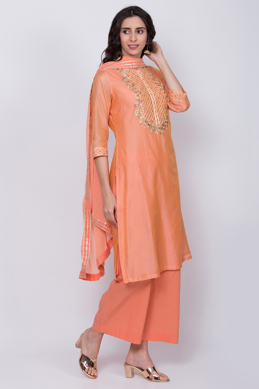 Orange Poly Cotton Straight Kurta Palazzo Suit Set image number 5