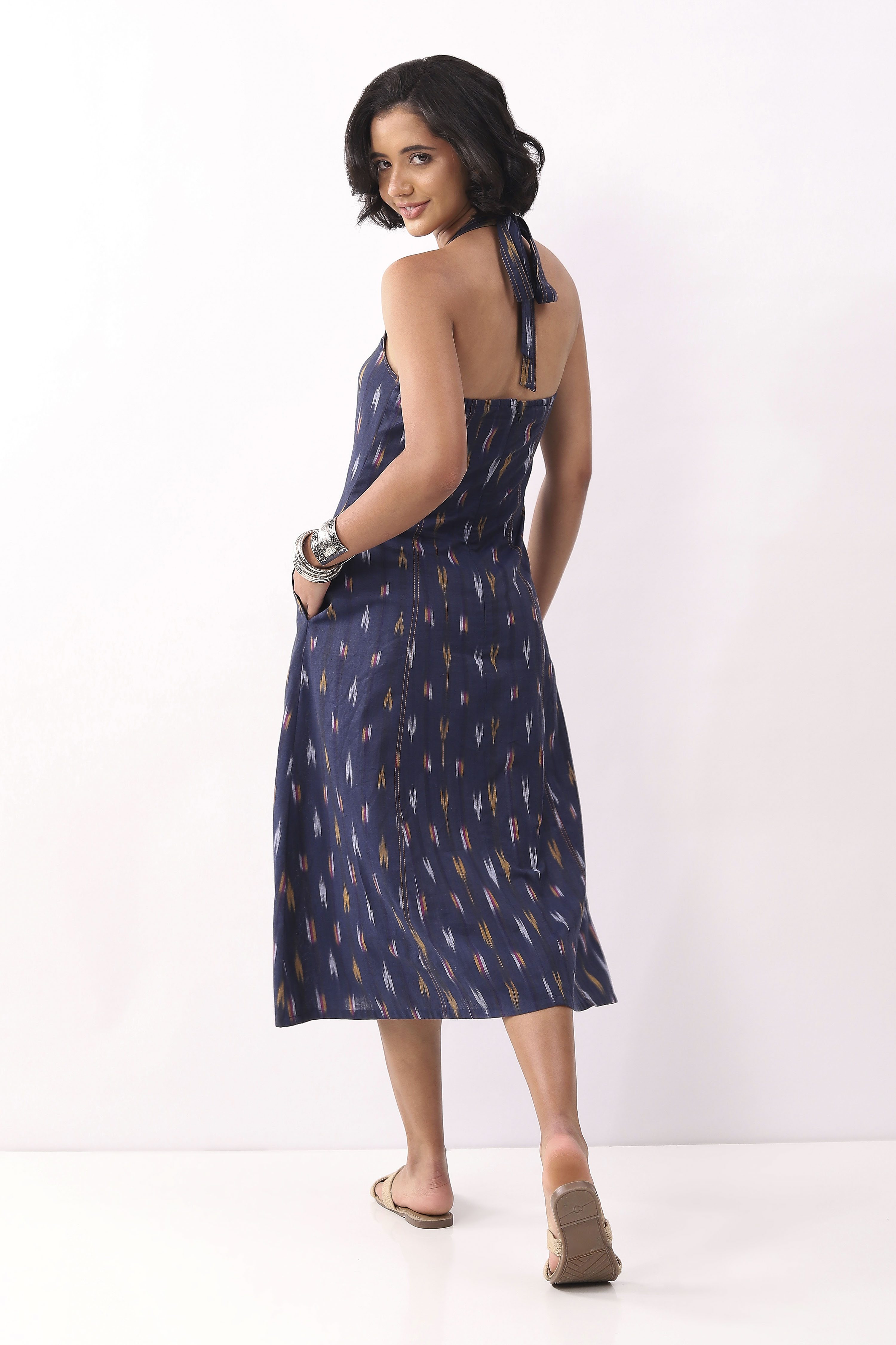 Navy Blue Cotton Abstract A-Line Midi Dress image number 3