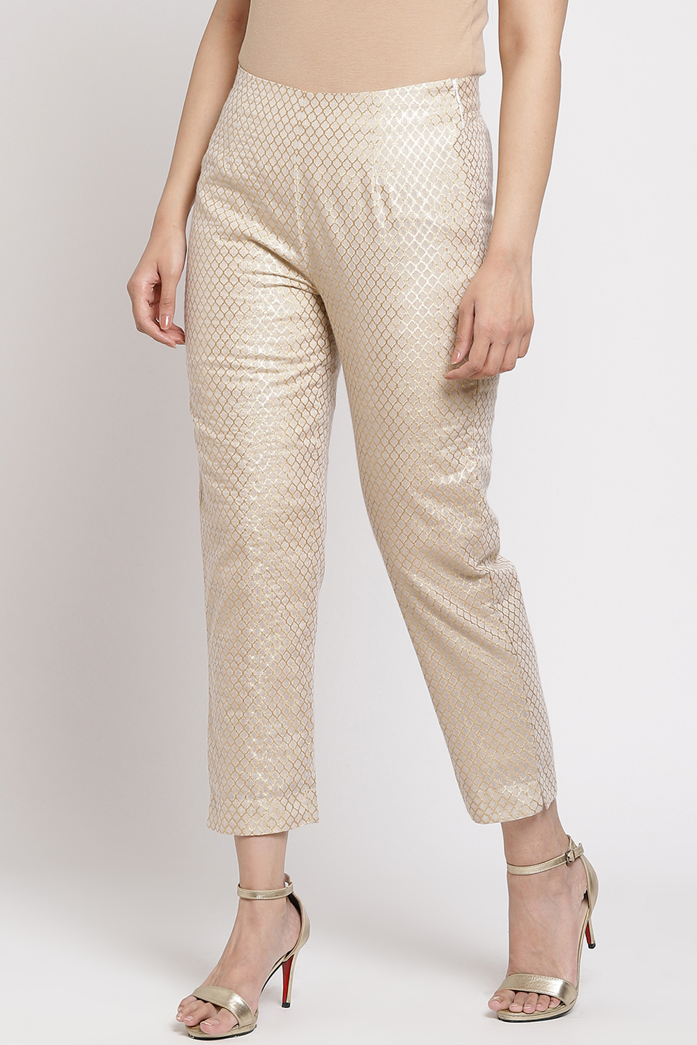 Beige And Gold Poly Cotton Pants image number 0