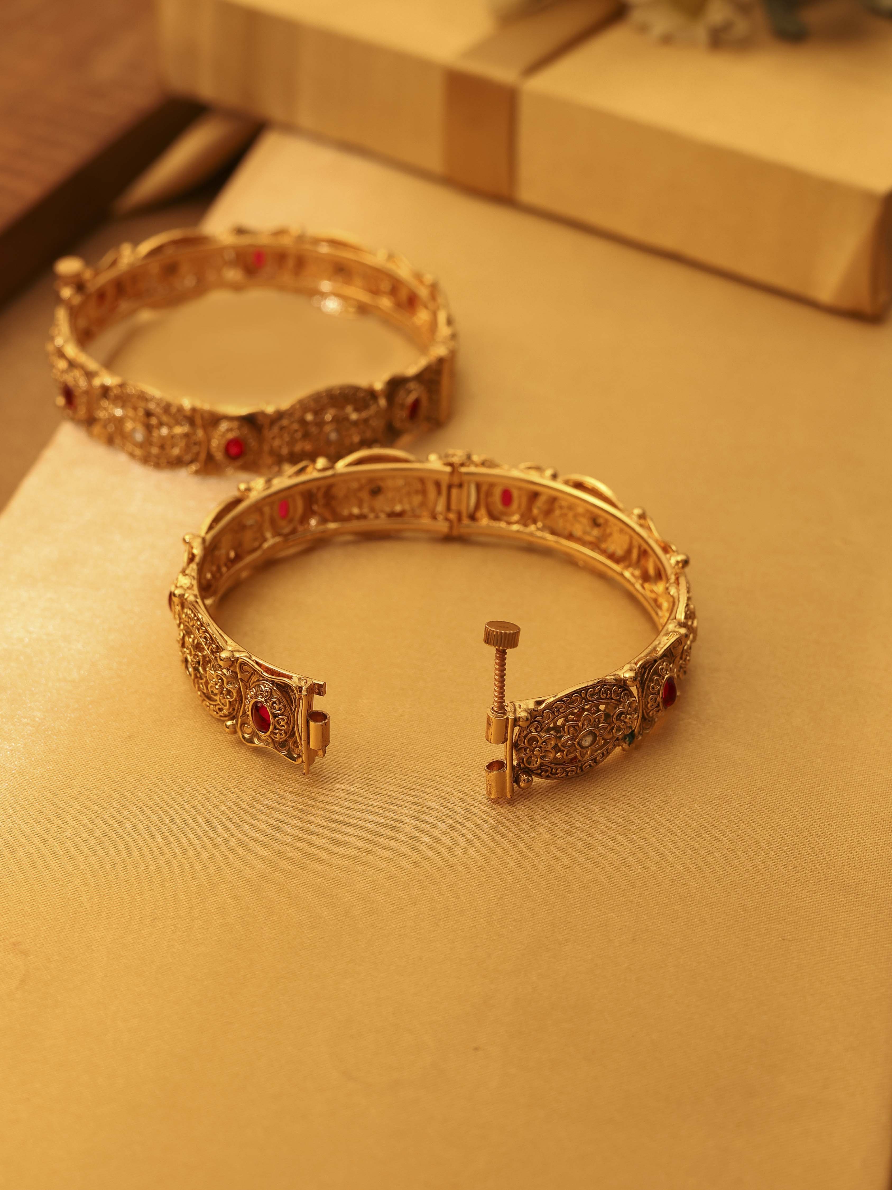 Red Gold Plated Textured Brass Bangles image number 2