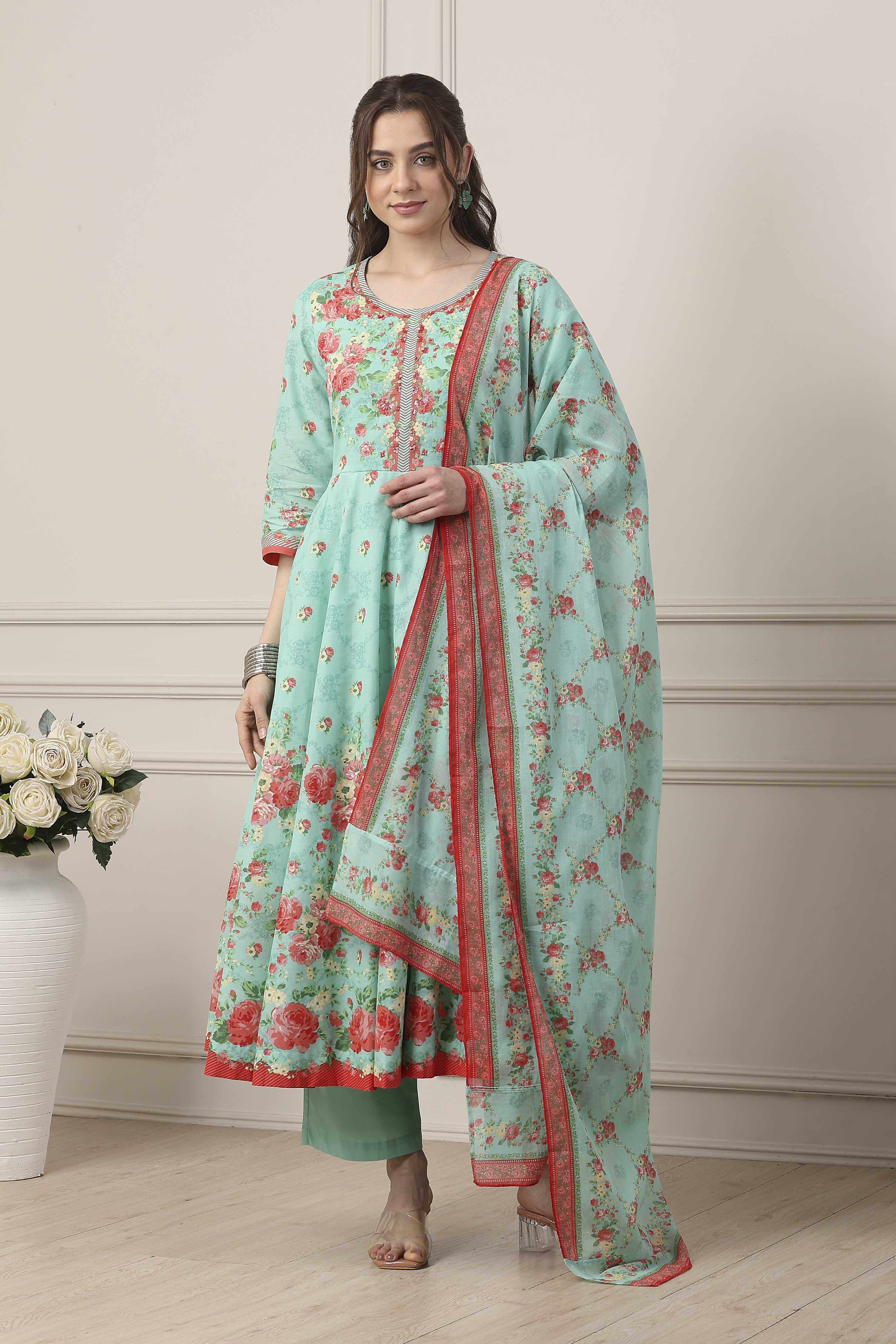 Blue Cotton All-Over Floral Kalidar Suit Set image number 6