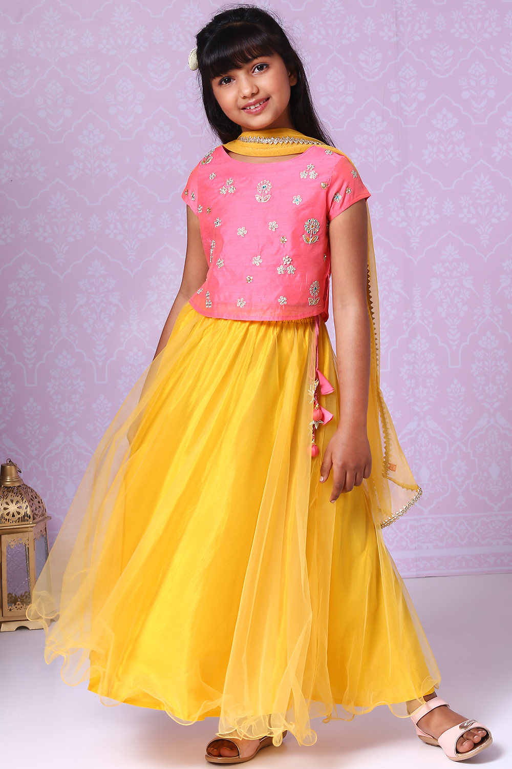 Pink And Yellow Poly Modal Lehenga Set image number 0