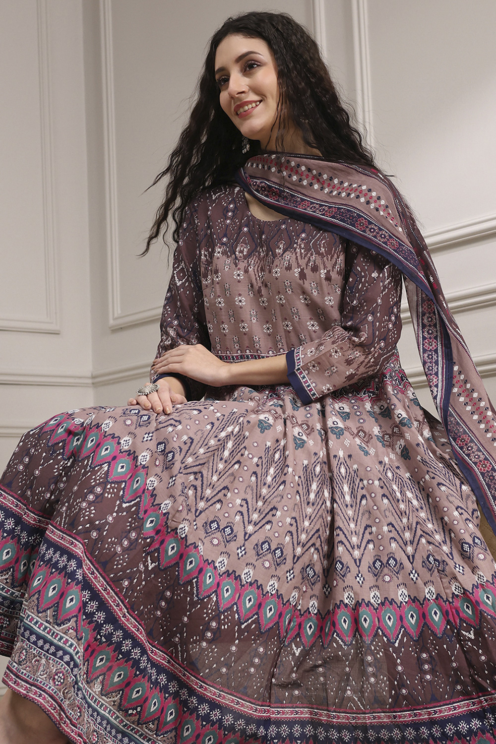 Lilac Cotton Printed Anarkali Suit Set image number 7