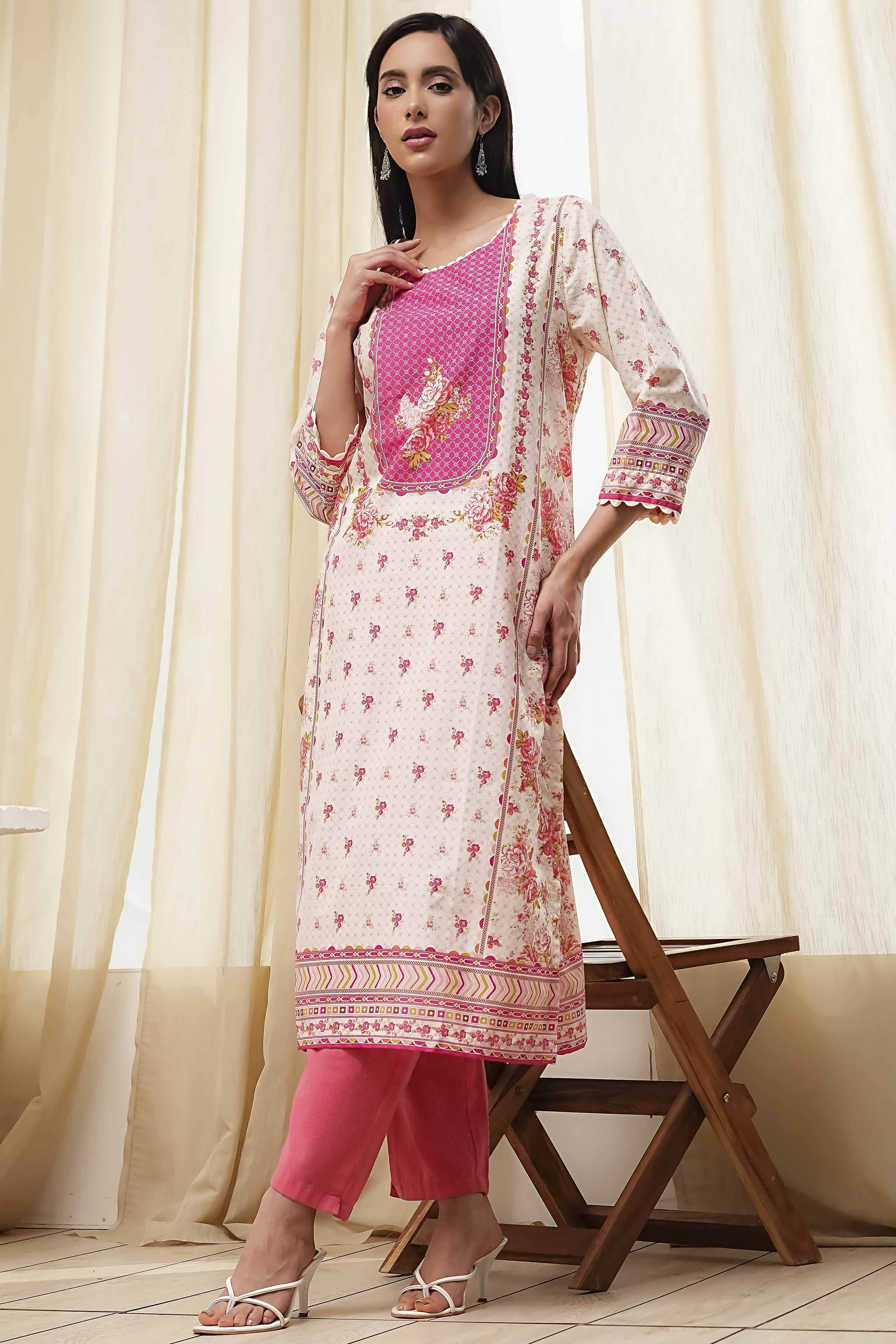 Pink Cotton Printed Straight Kurta image number 0