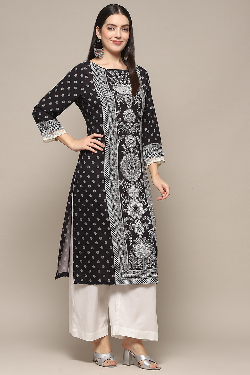 Black & White Printed Straight Kurta image number 4