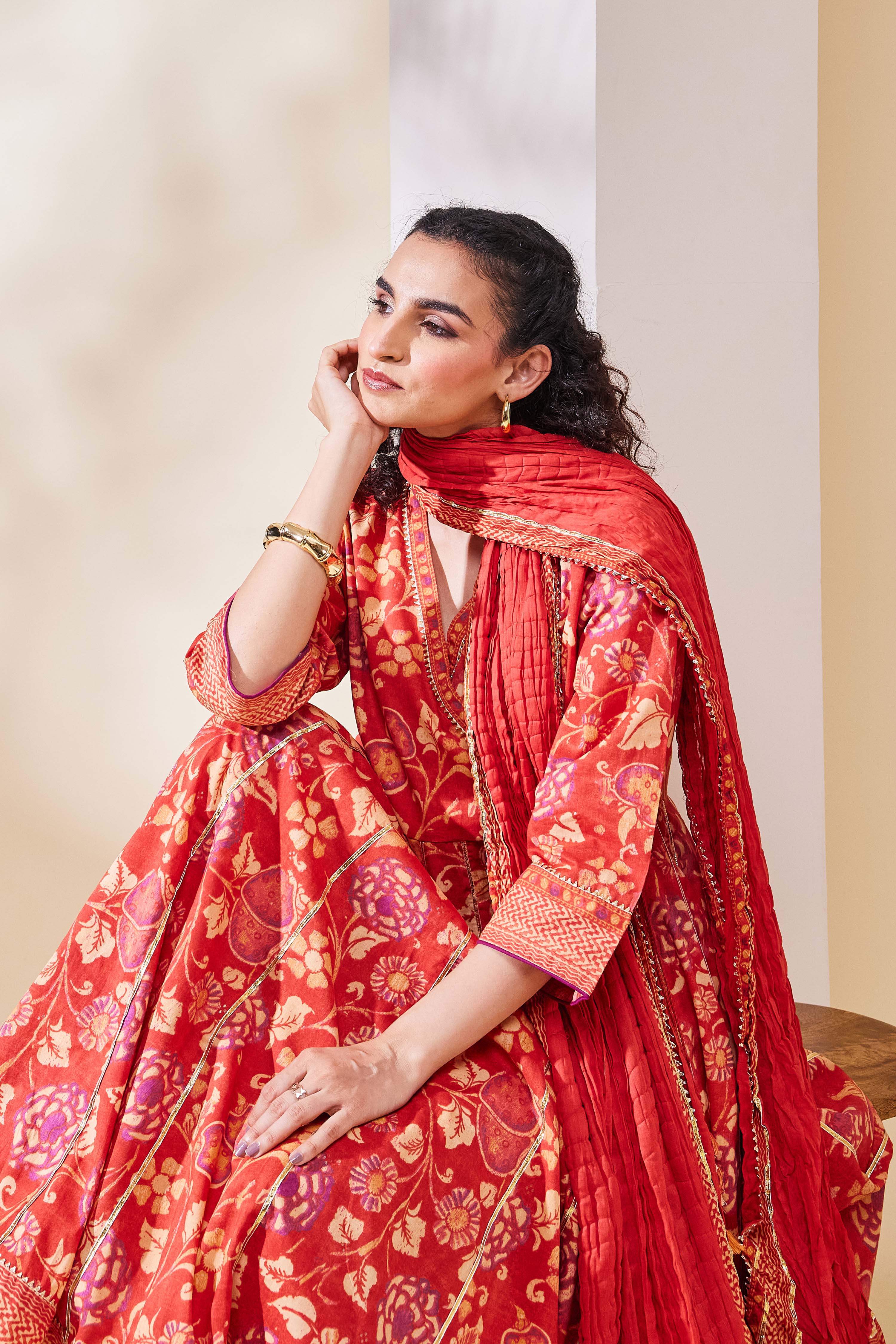 Rust Cotton Anarkali Suit Set image number 6