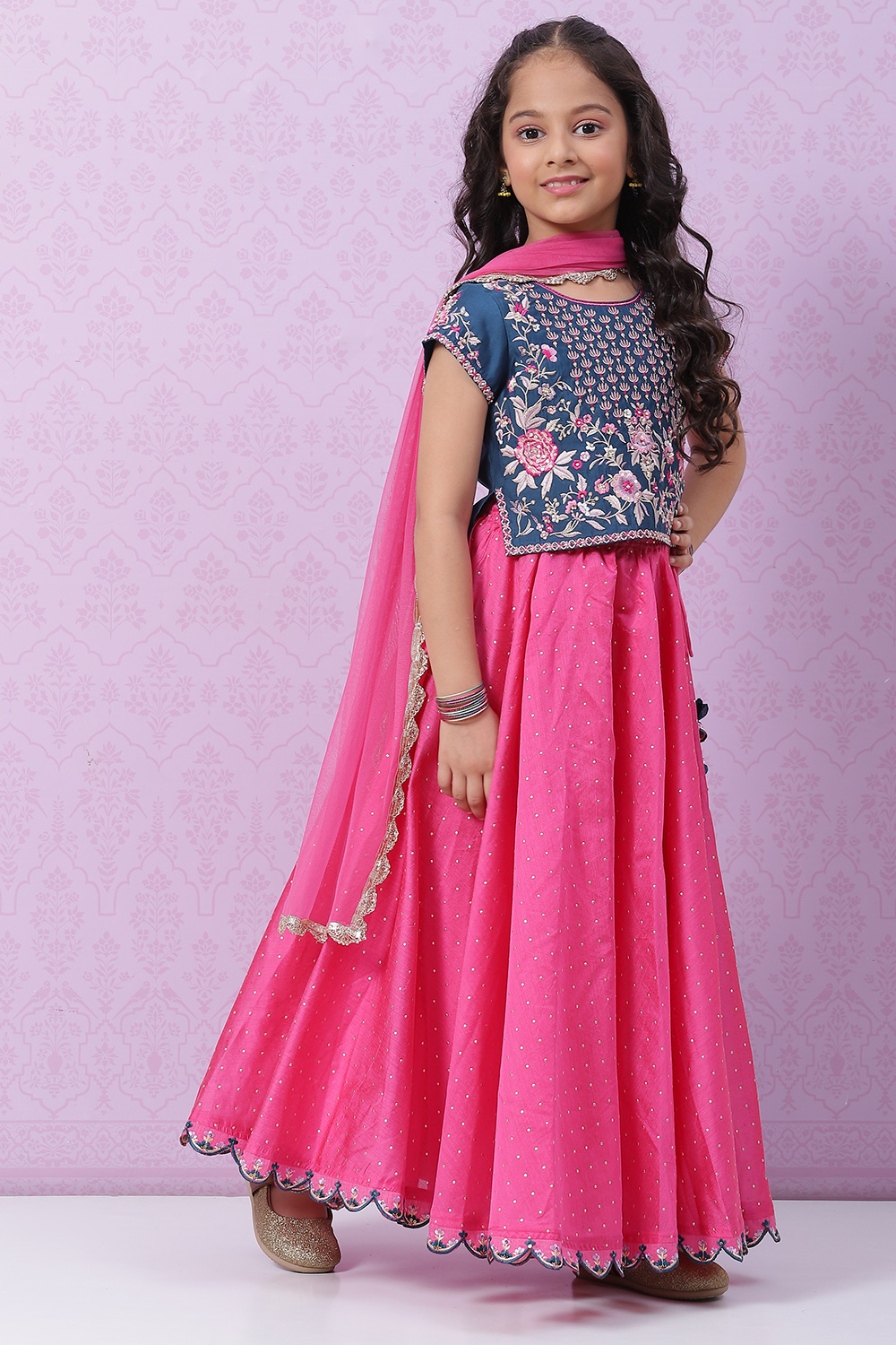 Blue & Pink Silk Lehenga Set image number 2