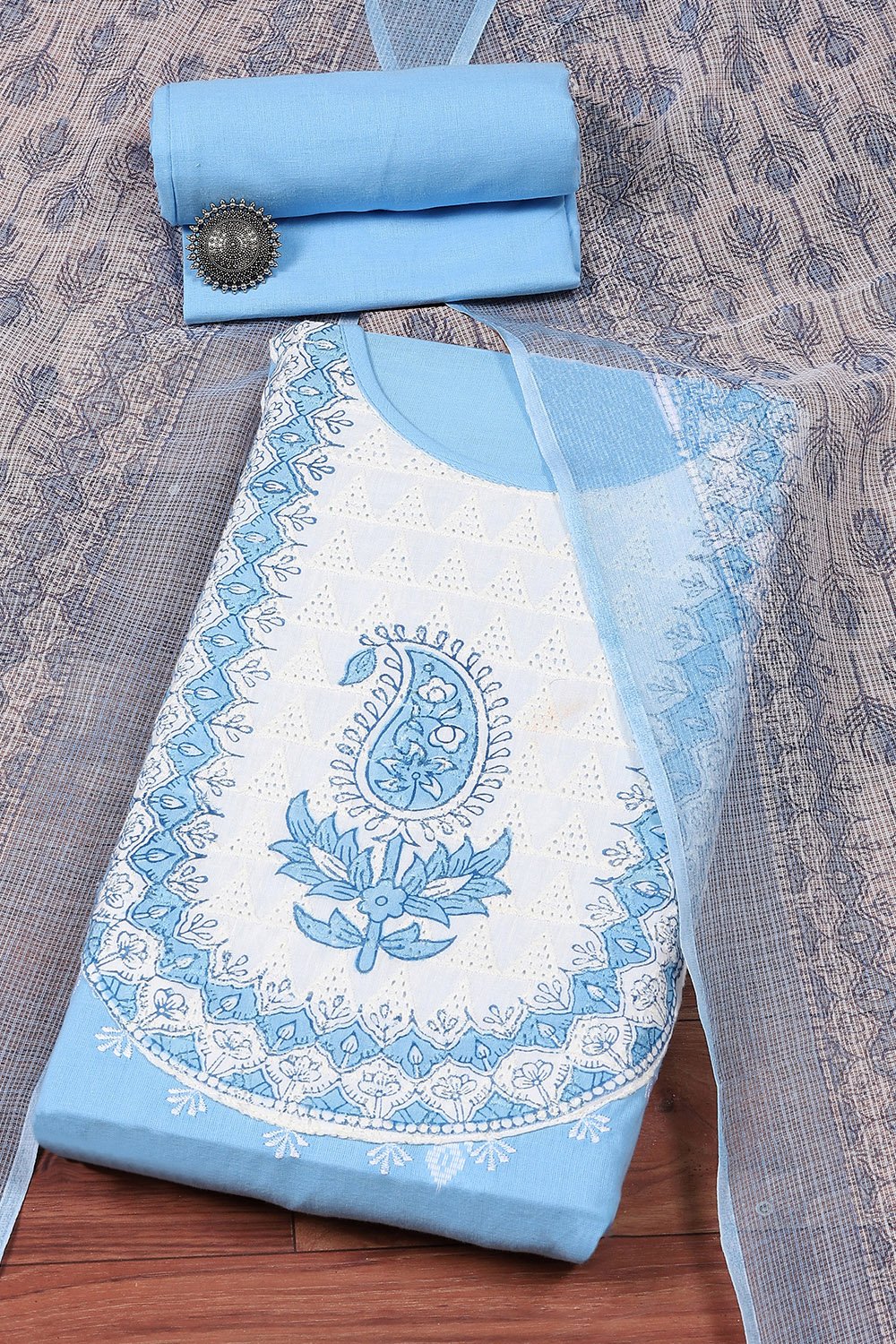 Blue Cotton Hand Block Print Unstitched Suit Set Kurta, Bottom, Dupatta ...
