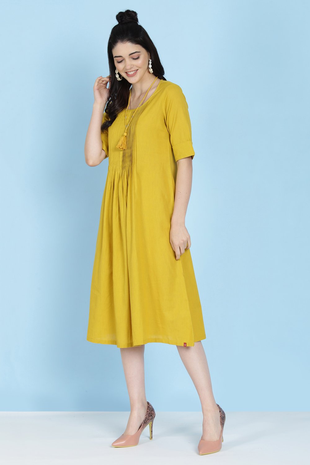 Mustard Cotton A-line Flax Solid Kurta Dress image number 0