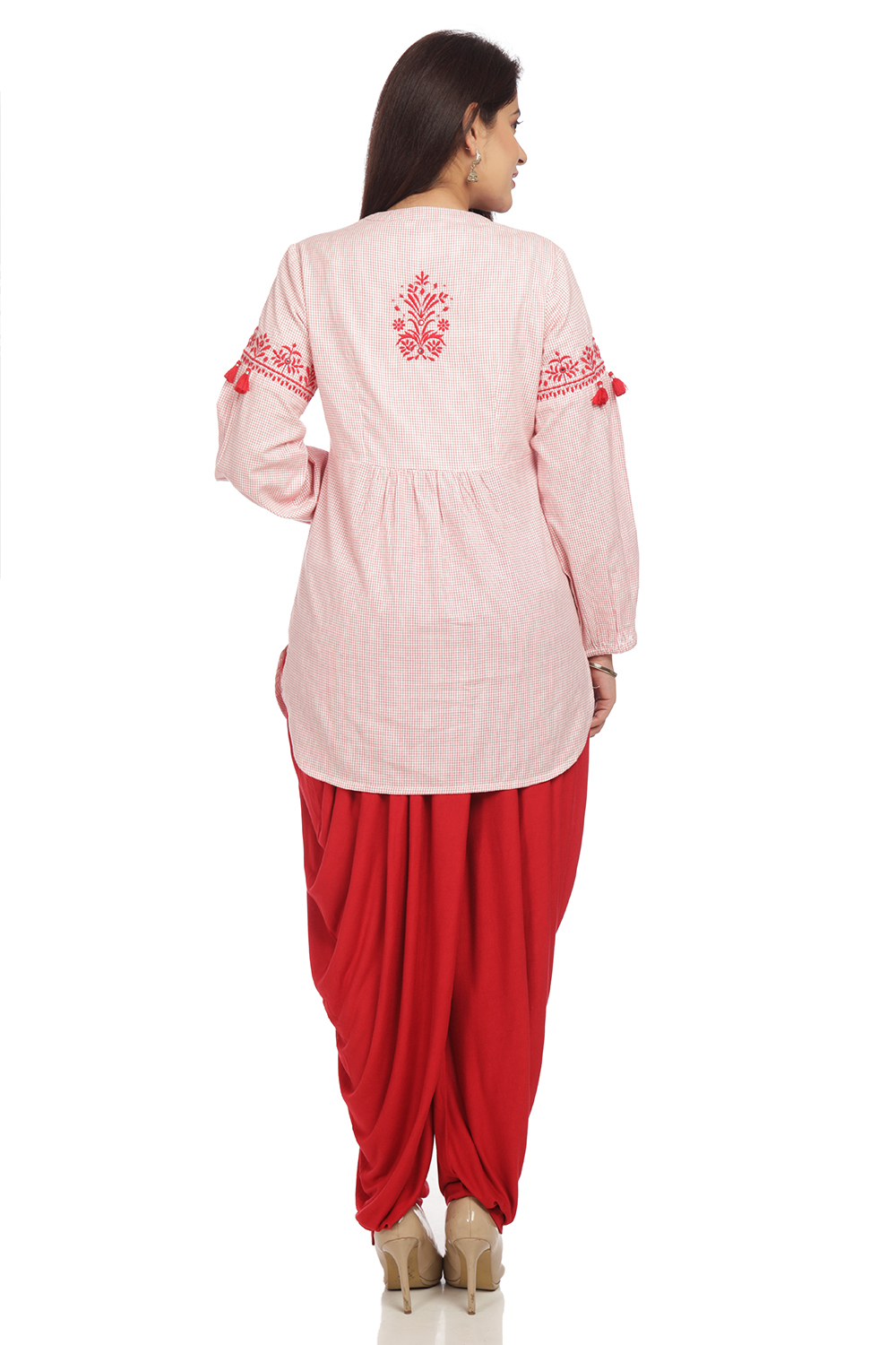 Red Cotton Short Kurta & Pants Set Kurta Dhoti Pants Suit Set image number 4