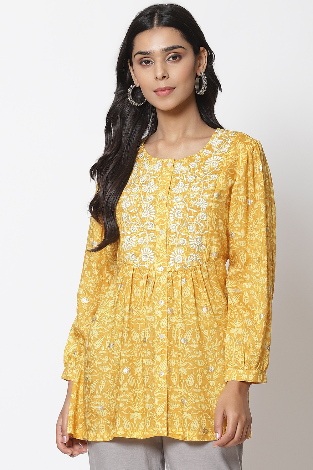 Mustard LIVA Printed Short Kurti image number 0