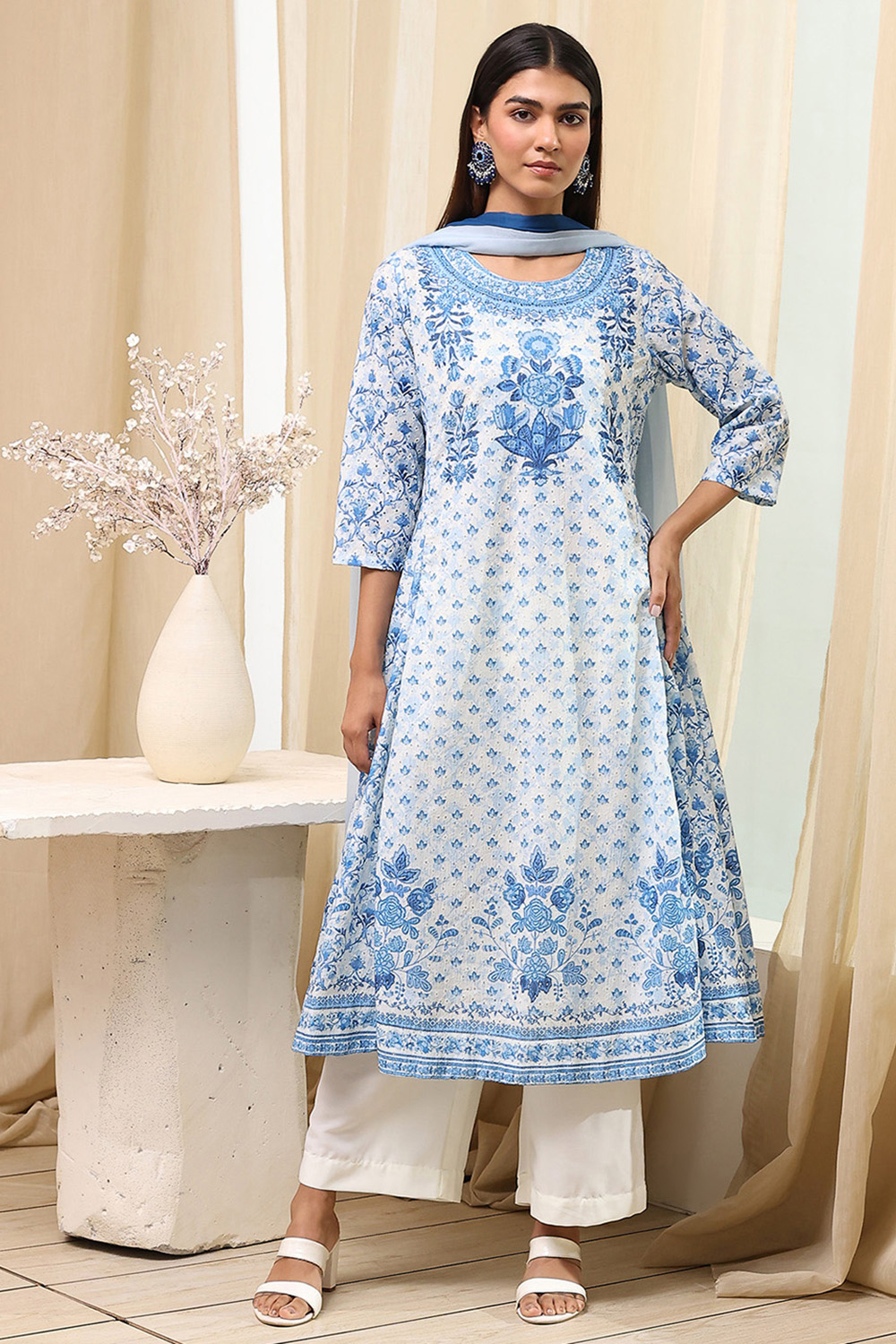 Off-White and Blue Cotton Floral Kalidar Suit Set image number 6