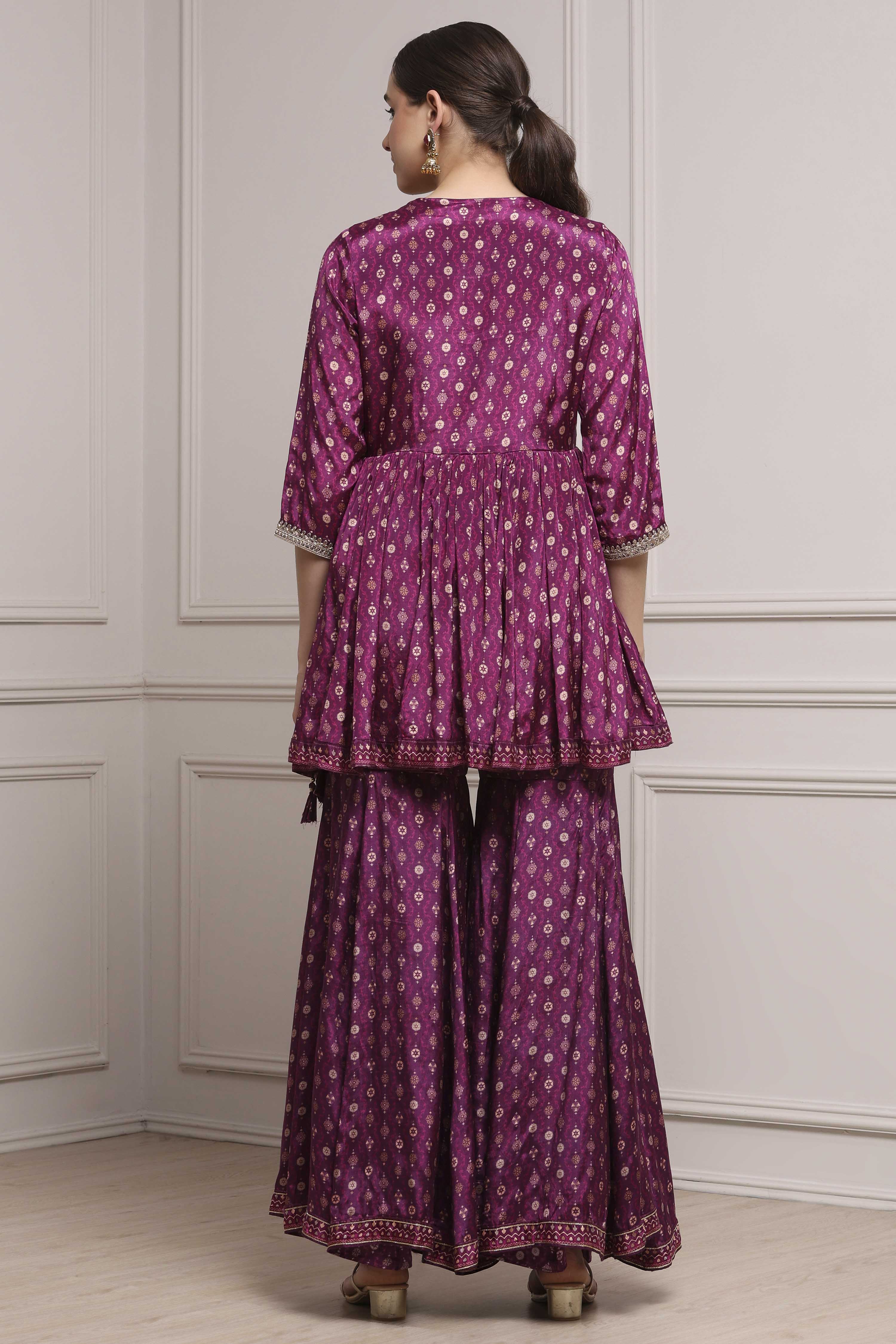 Purple Viscose Rayon Printed Peplum Fusion Set image number 4