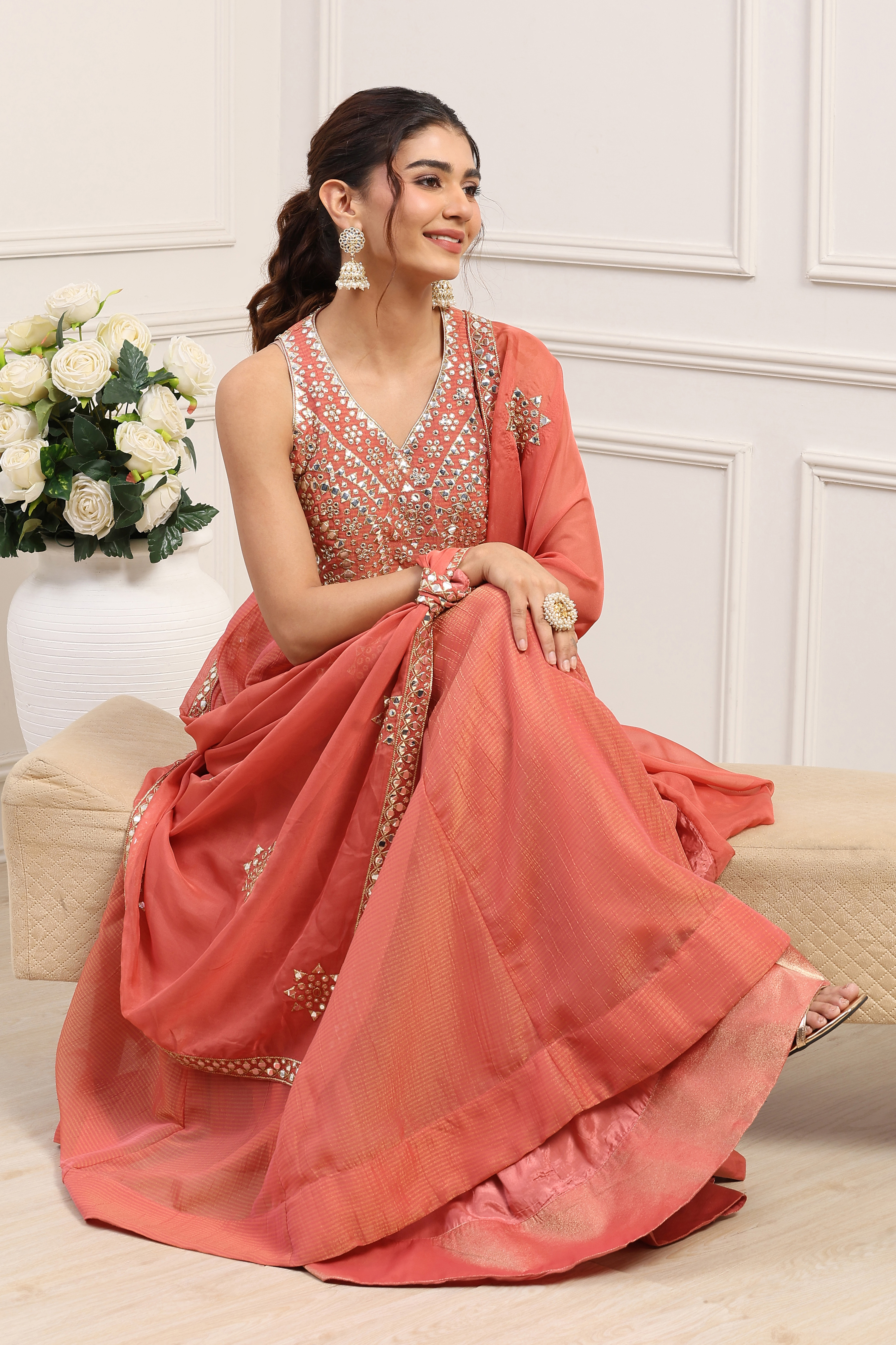 Pink Poly Tissue Anarkali Dress image number 0