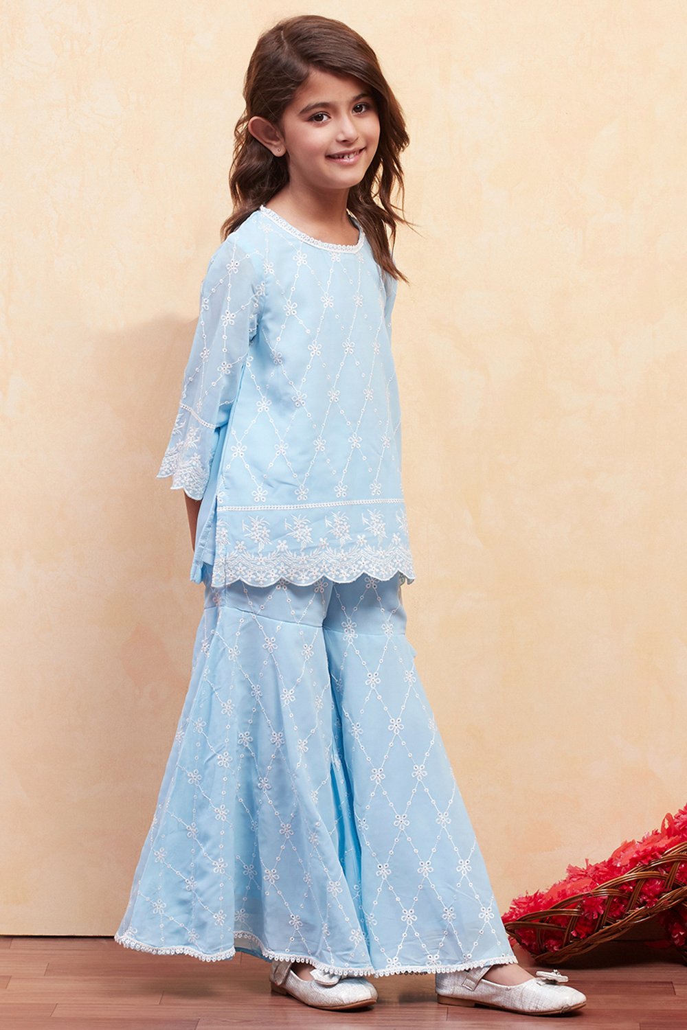 Powder Blue Polyester Sharara Suit Set image number 5