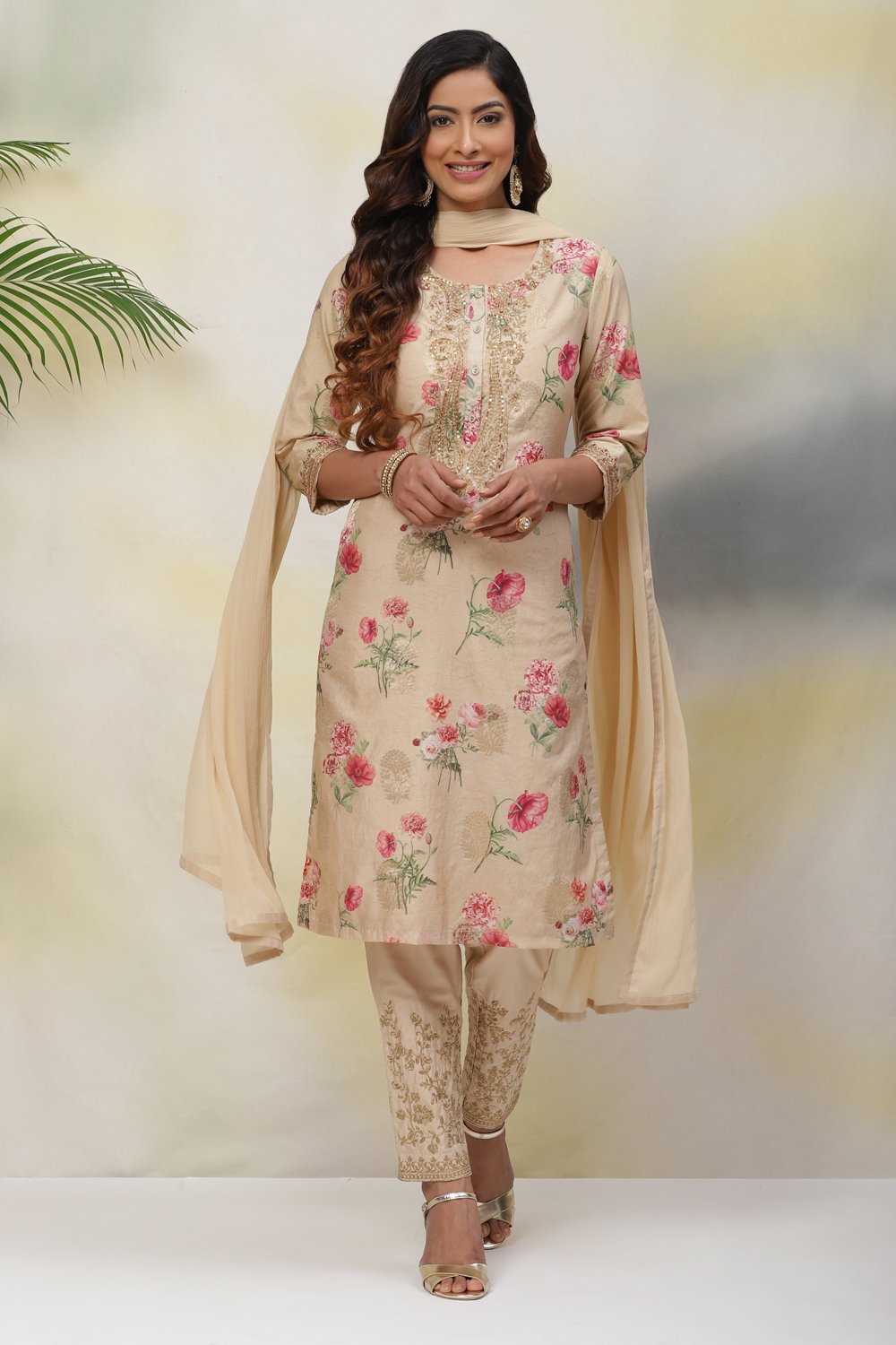 Beige Poly Metallic Cotton Straight Suit Set image number 4