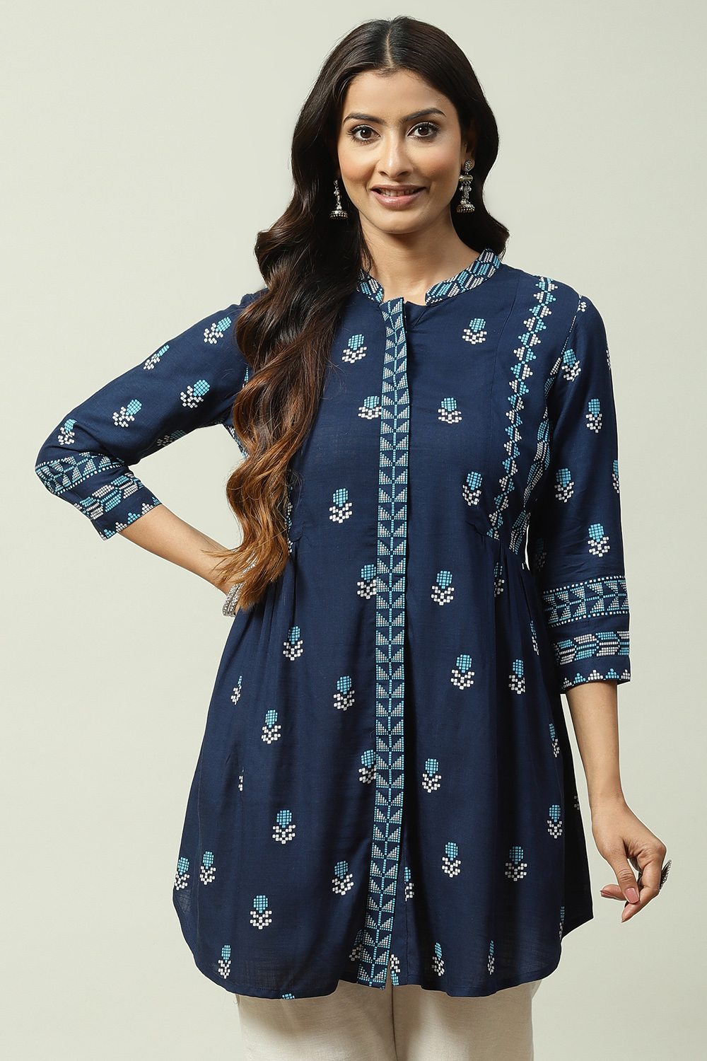 Navy Rayon Asymmetric Printed Short Kurti image number 0