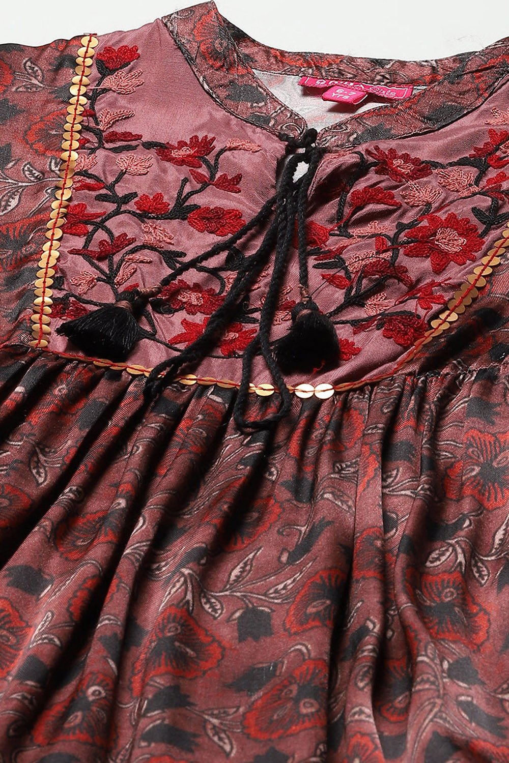 Brown Viscose Satin Tiered Printed Dress image number 1