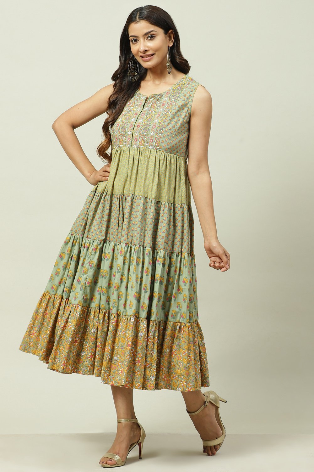 Pink Cotton Flared Fusion Printed Dress image number 2
