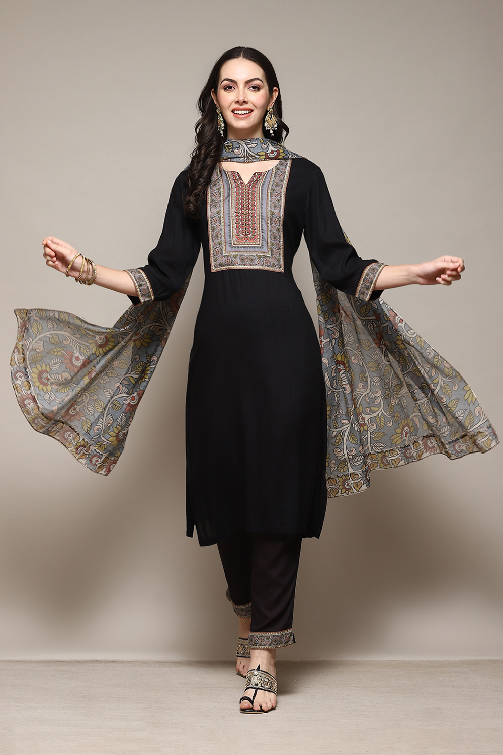 Charcoal LIVA Straight Kurta Slim Pant Suit Set image number 0