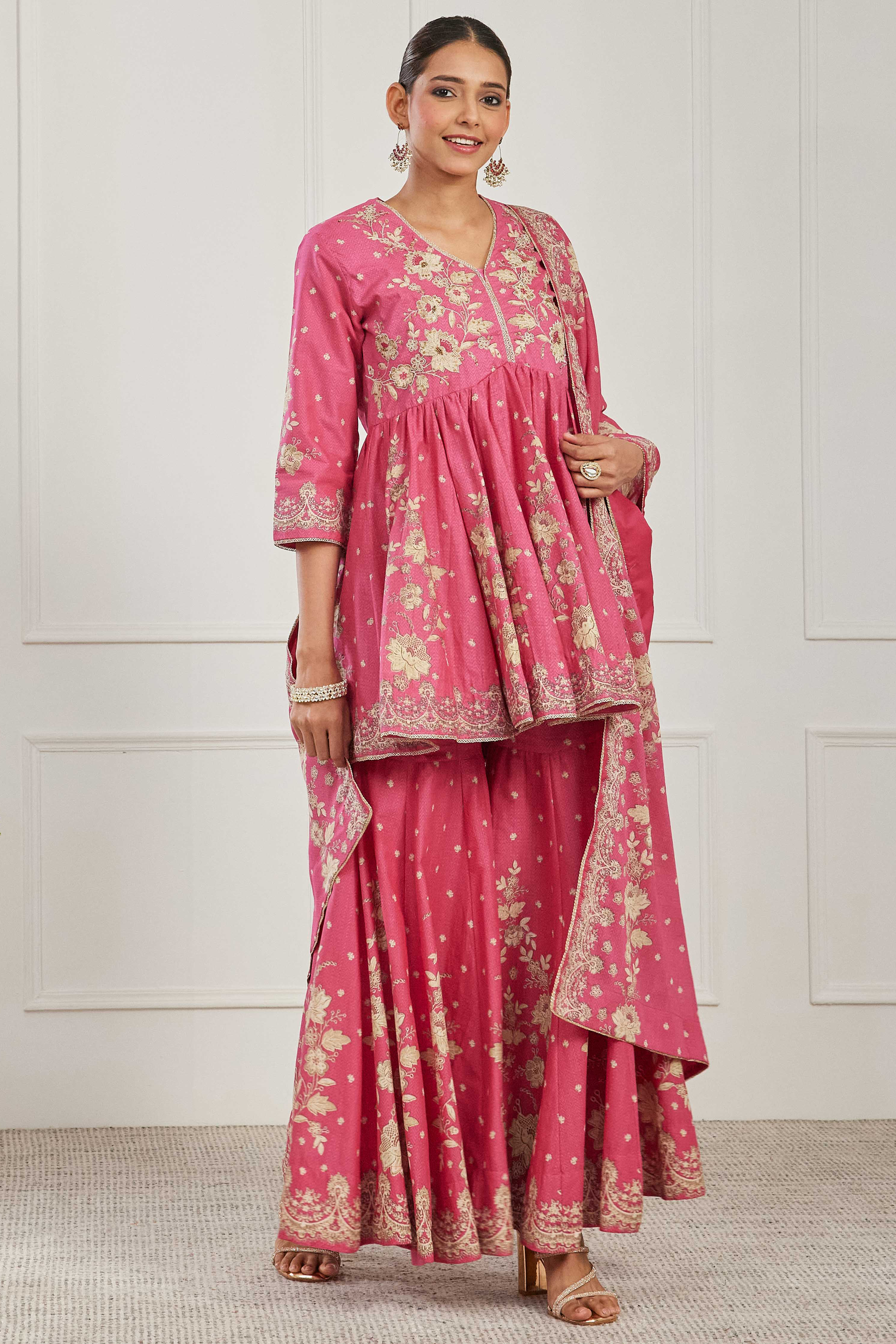 Pink Cotton Peplum Printed Garara Suit Set image number 6
