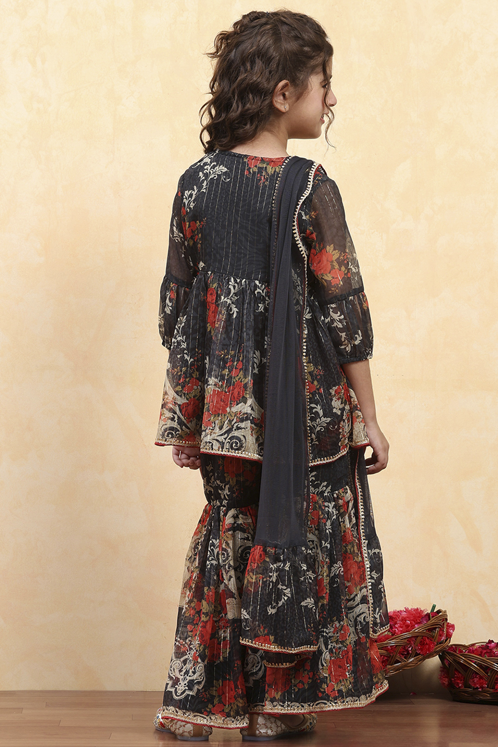Black Polyester Floral Printed Peplum Sharara Kurta Set image number 4