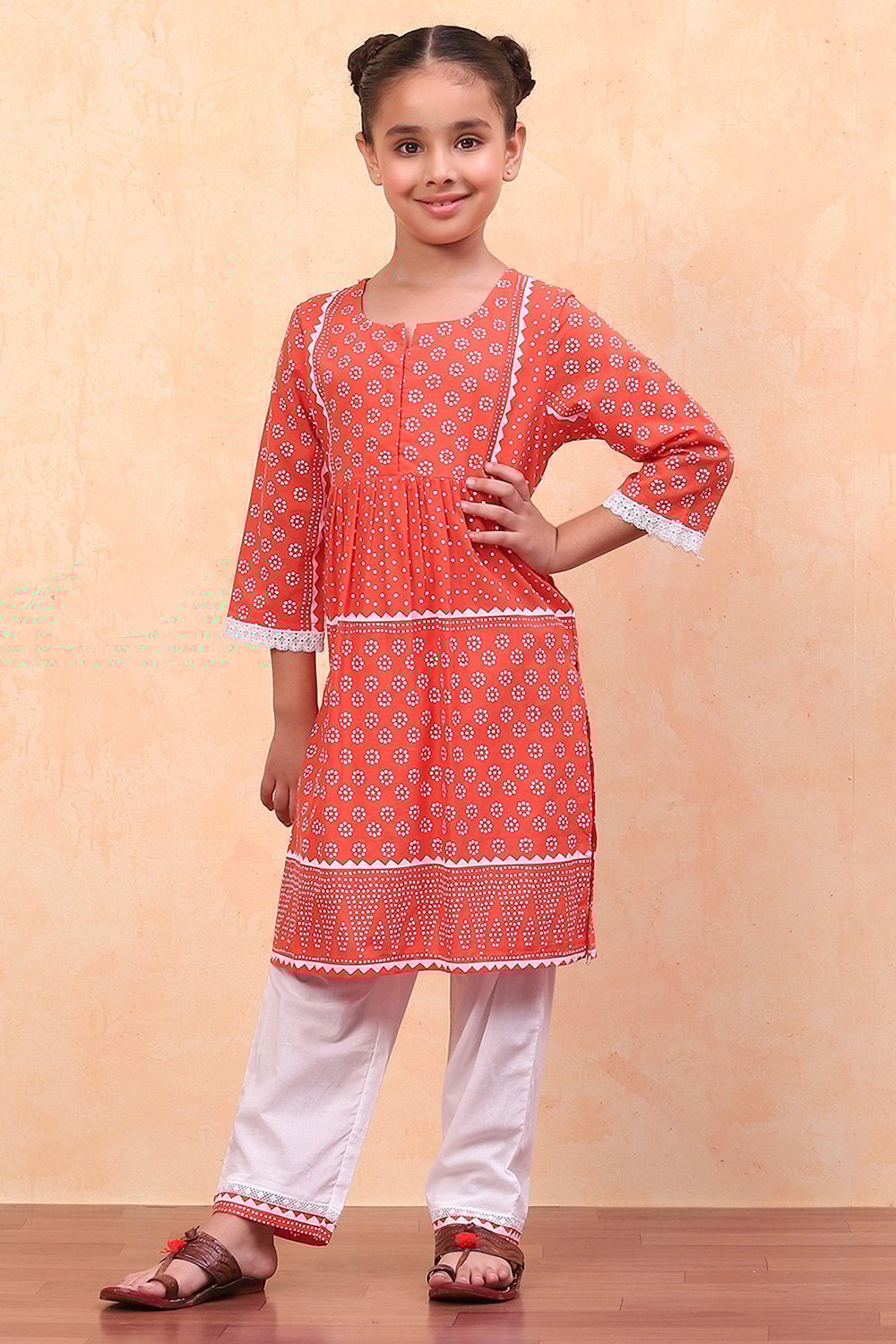 Orange and White Cotton Printed Straight Kurta Set image number 6