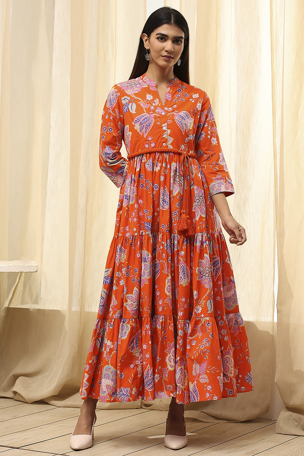 Earthy Blue Cotton Floral Tiered Dress image number 5