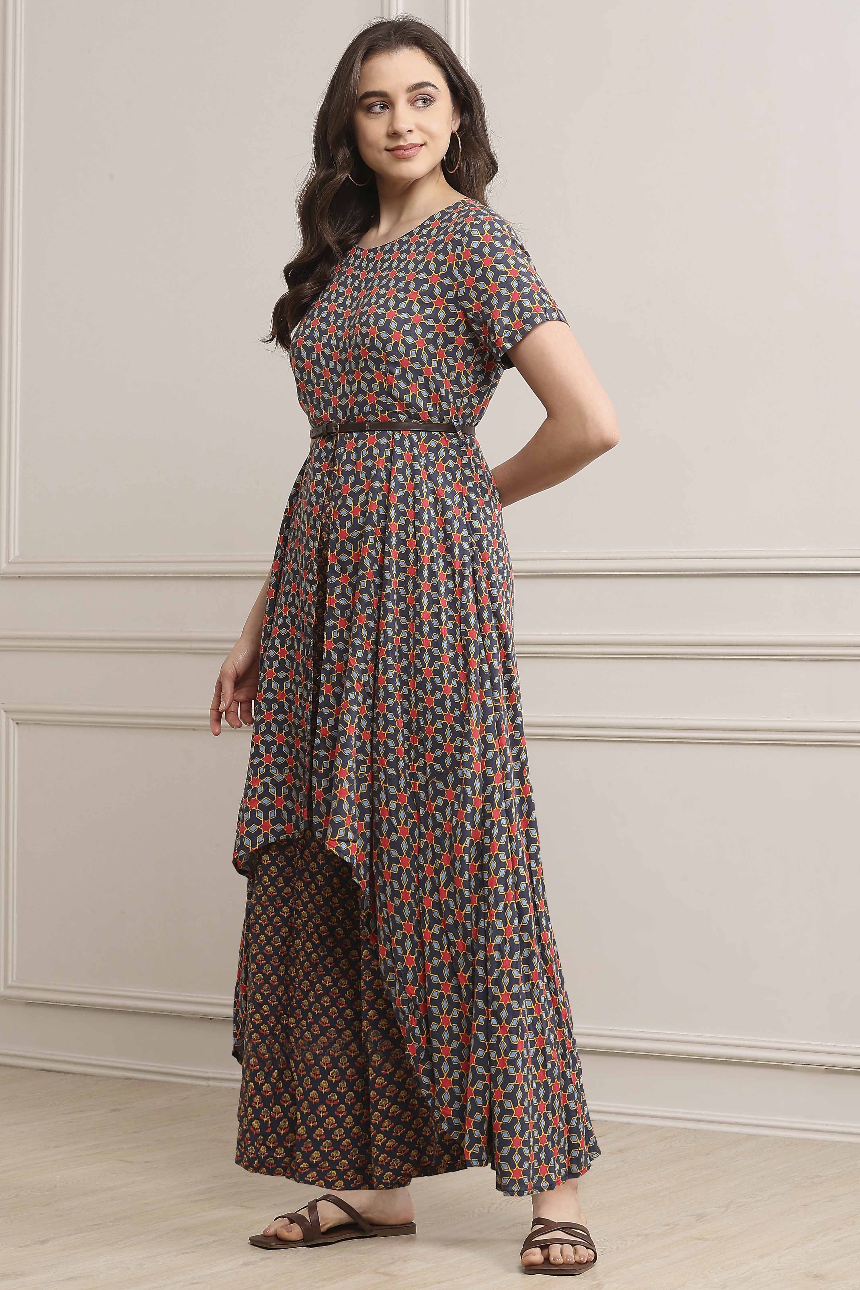 Indigo LIVA Straight Printed Jumpsuit Dress image number 2