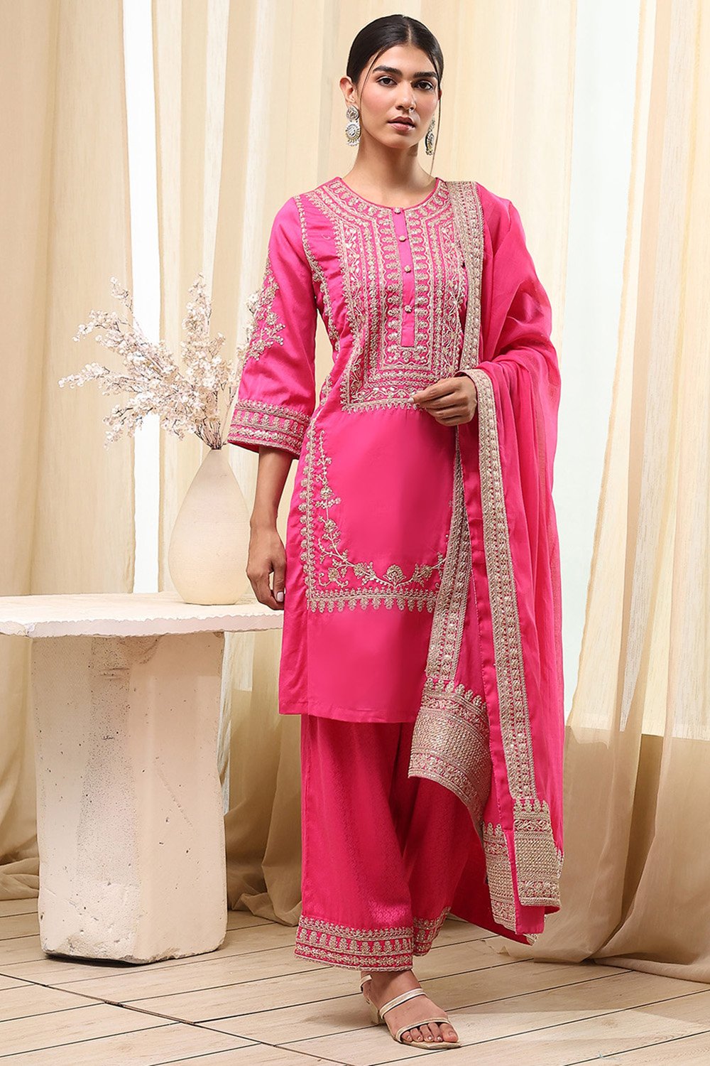 Fuchsia Cotton Silk Straight Suit Set image number 0