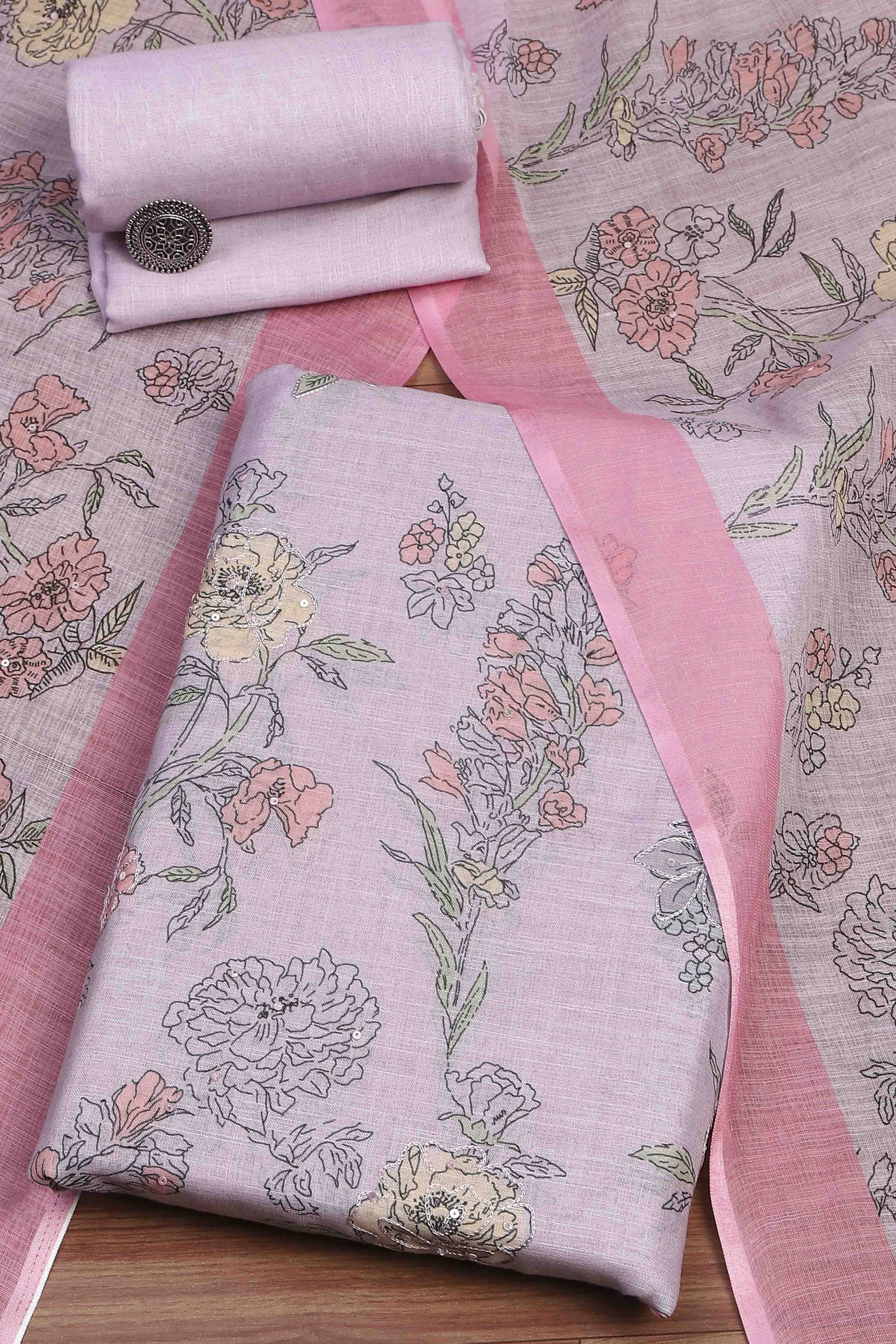 Pink Linen Unstitched Suit Set image number 0