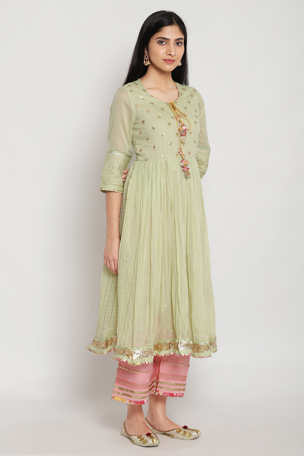 Light Green Cotton Anarkali Kurta Palazzo Suit Set image number 4
