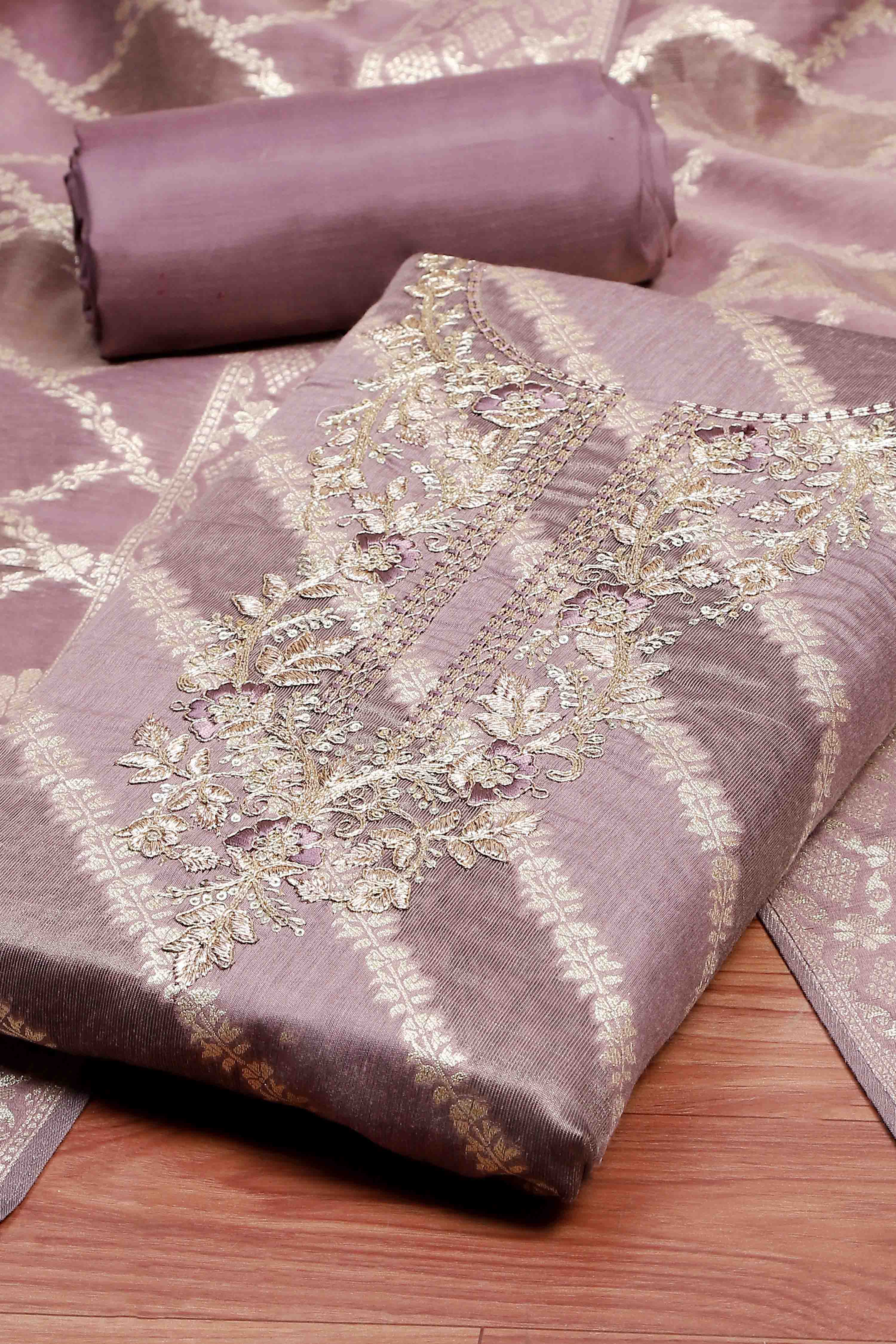 Botle Green Tissue Chanderi Embroidered Unstitched Suit Set image number 1