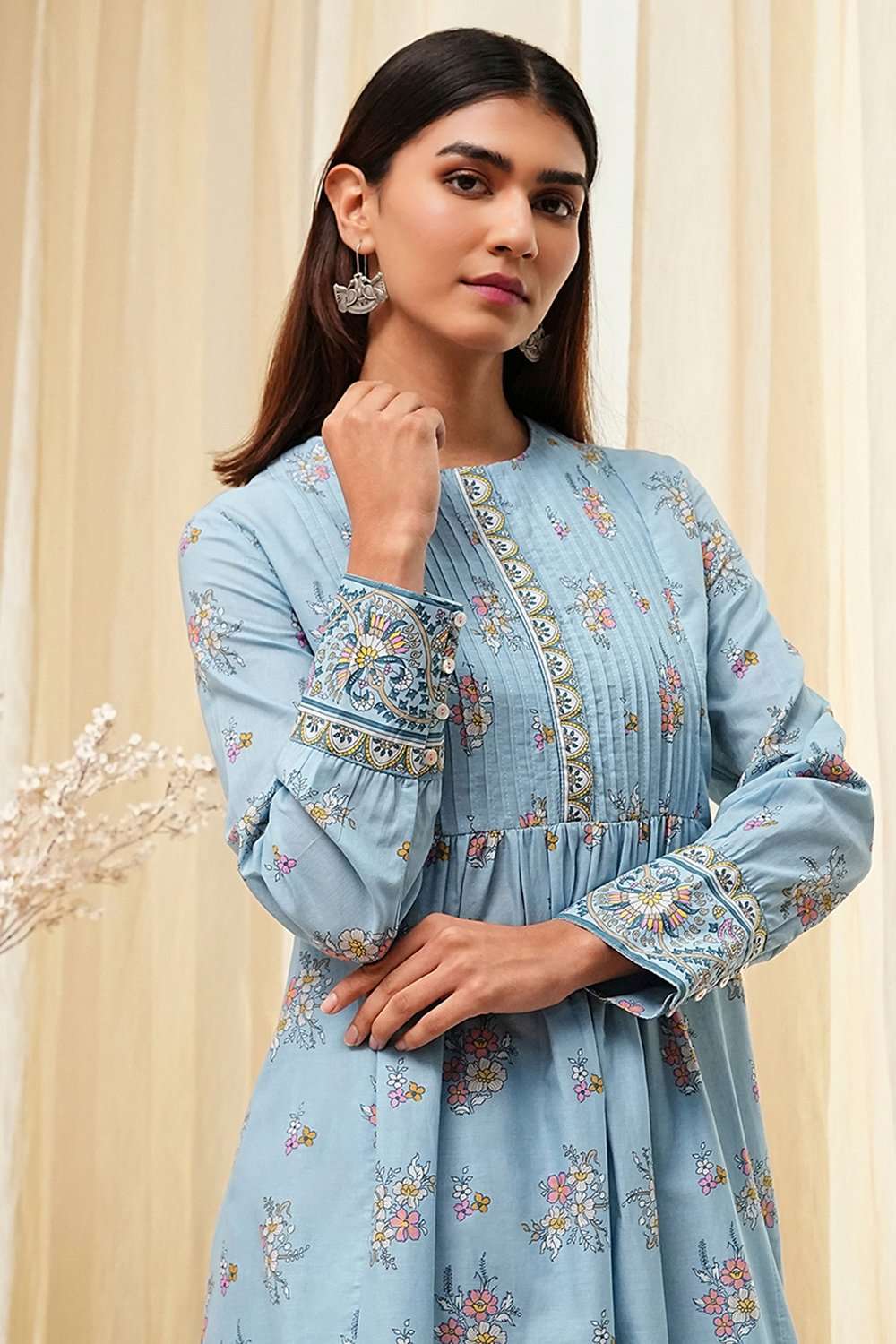 Dull Blue Cotton Flared Printed Kurta Set image number 1