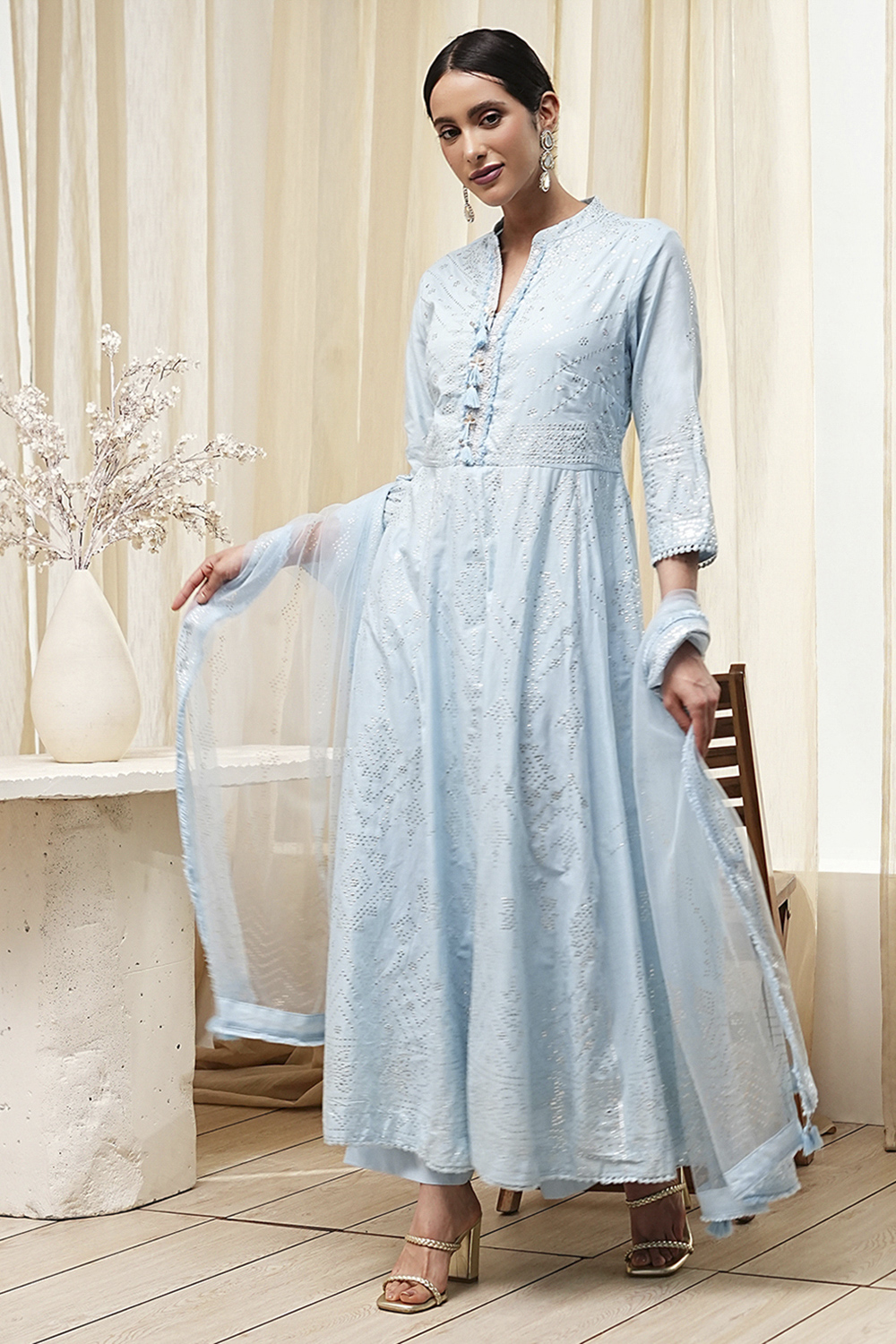 Off-White Cotton Embellished Anarkali Suit Set image number 0