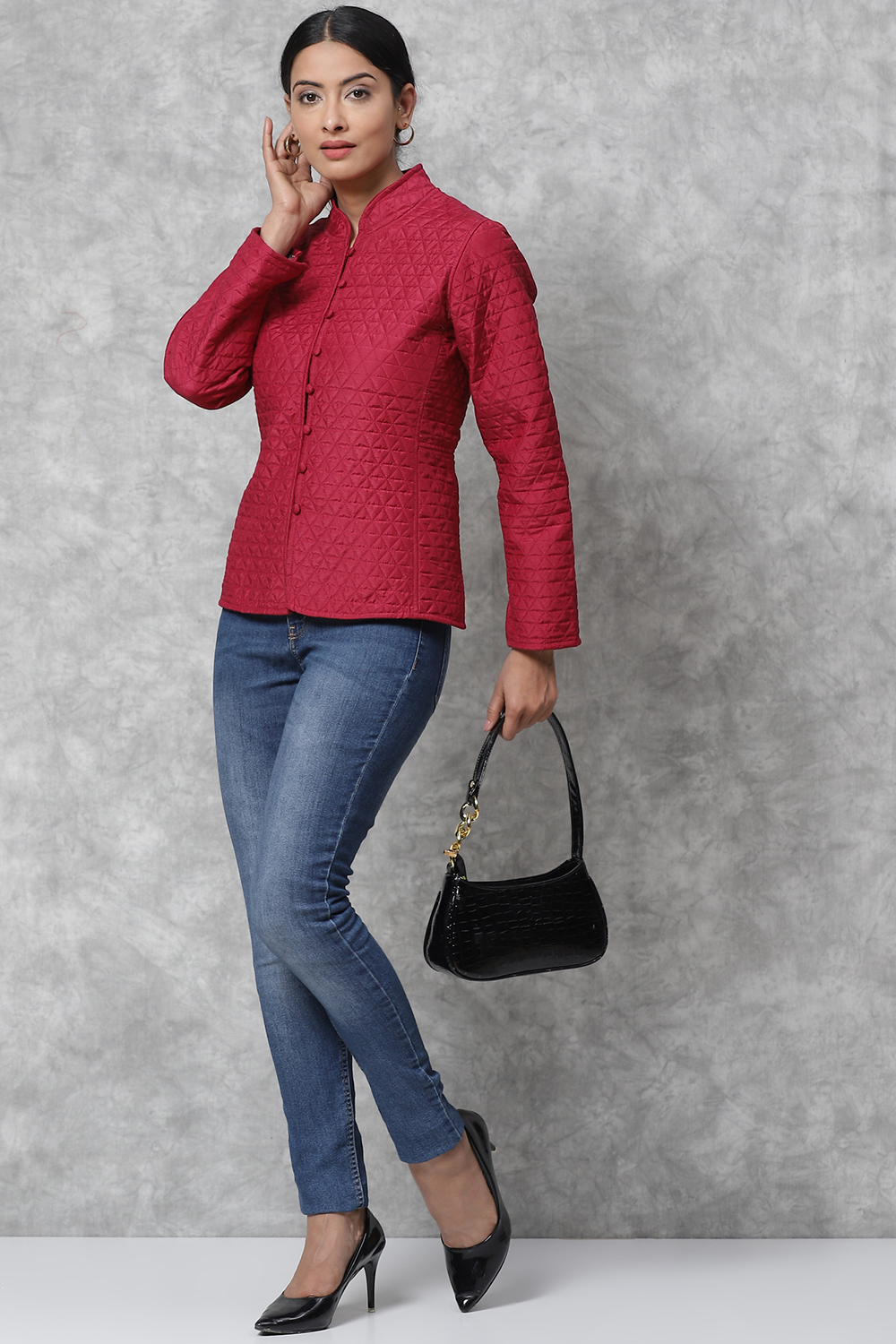 Wine Art Silk Ethnic Printed Jacket at Biba India