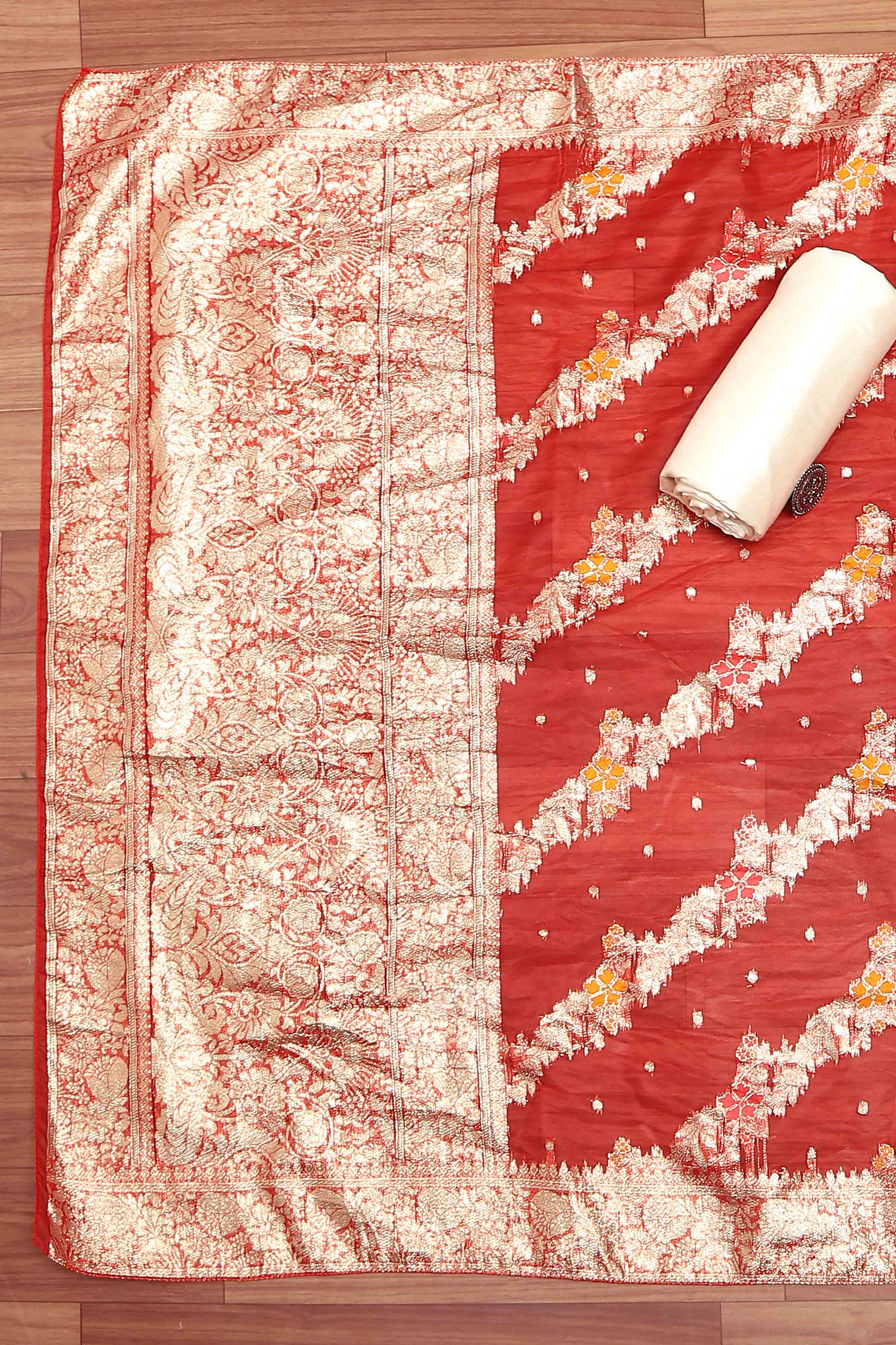 Red Tissue Chanderi Embroidered Unstitched Suit Set image number 3