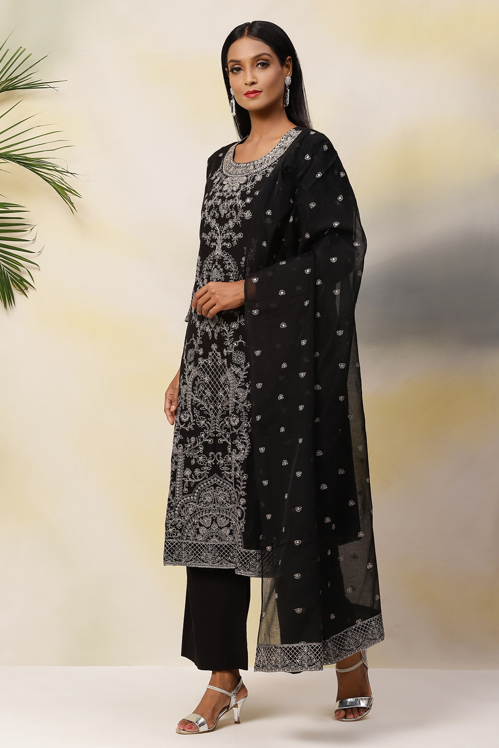 Black Art Silk Straight Kurta Palazzo Suit Set image number 5