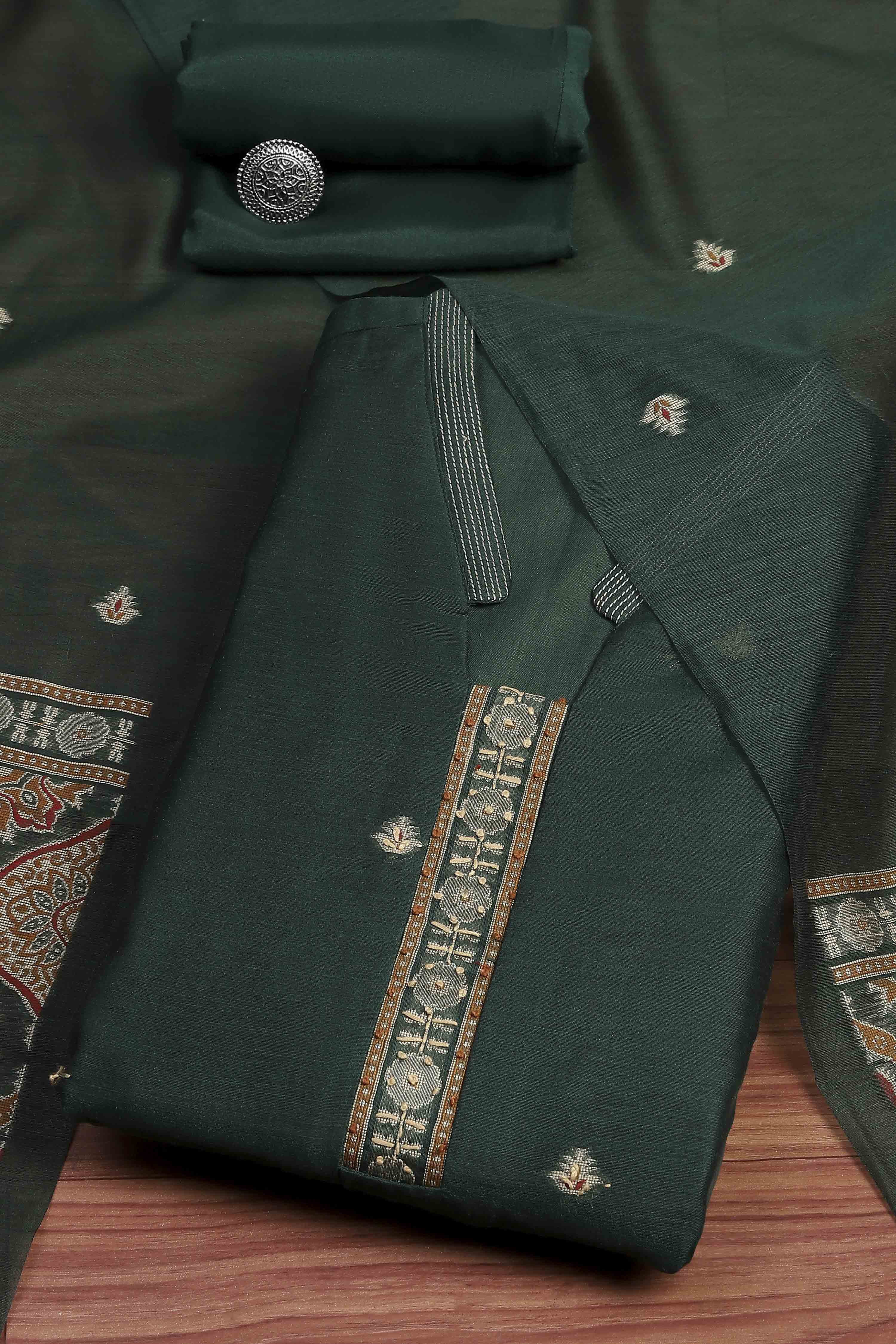 Green Chanderi Blend Handloom Unstitched Suit Set image number 0