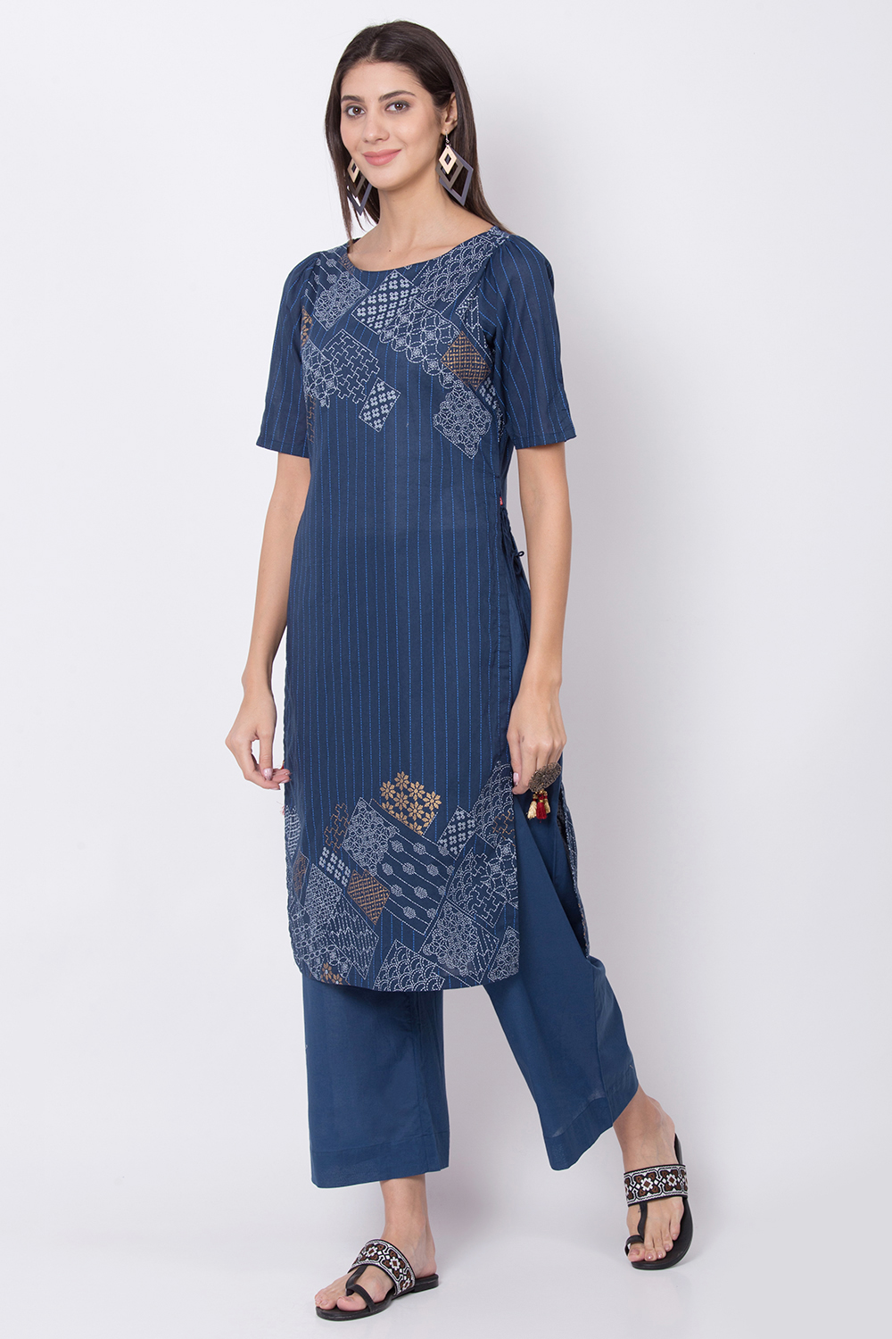 Indigo Cotton Straight Printed Kurta image number 2