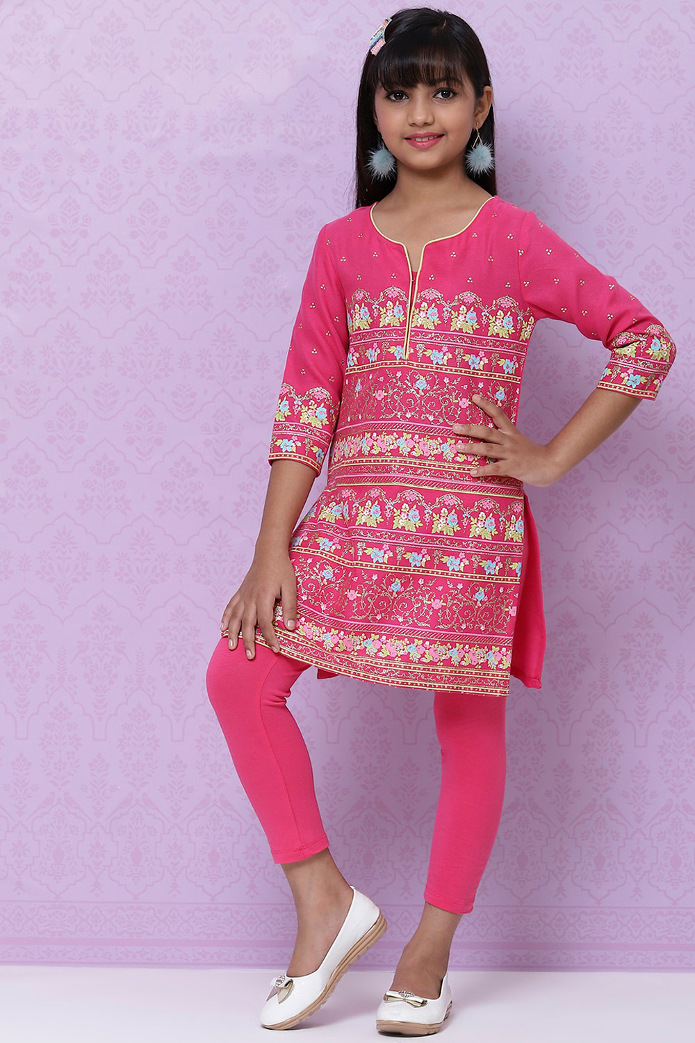 Pink Art Silk Printed Tunic And Leggings Set image number 4