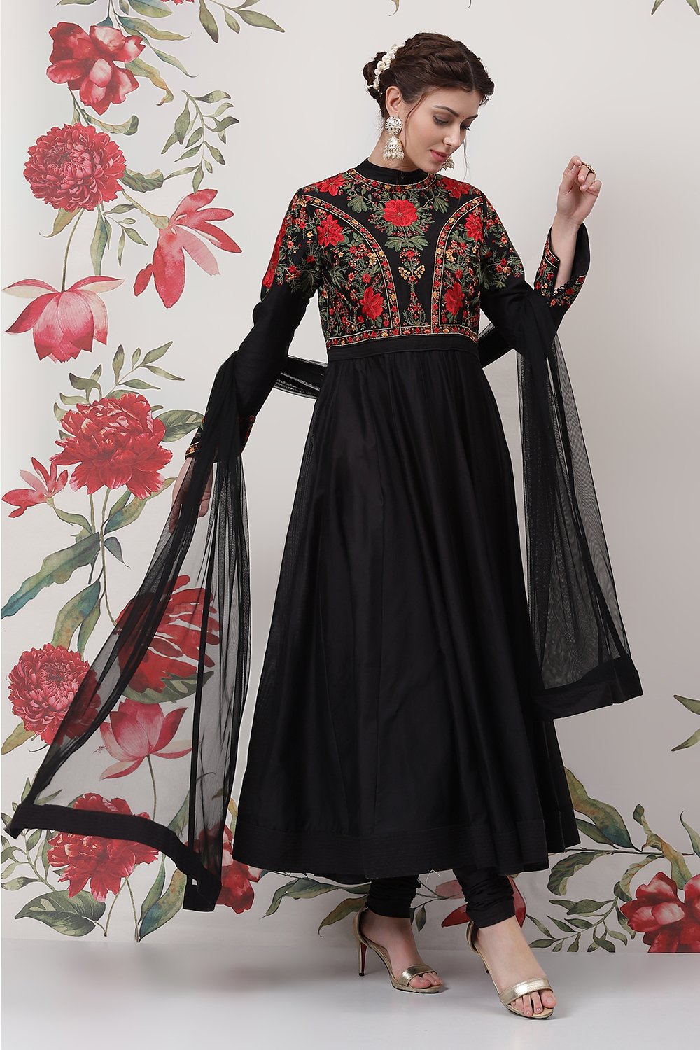 Rohit Bal Black Cotton Silk Anarkali Yarndyed Suit Set image number 6
