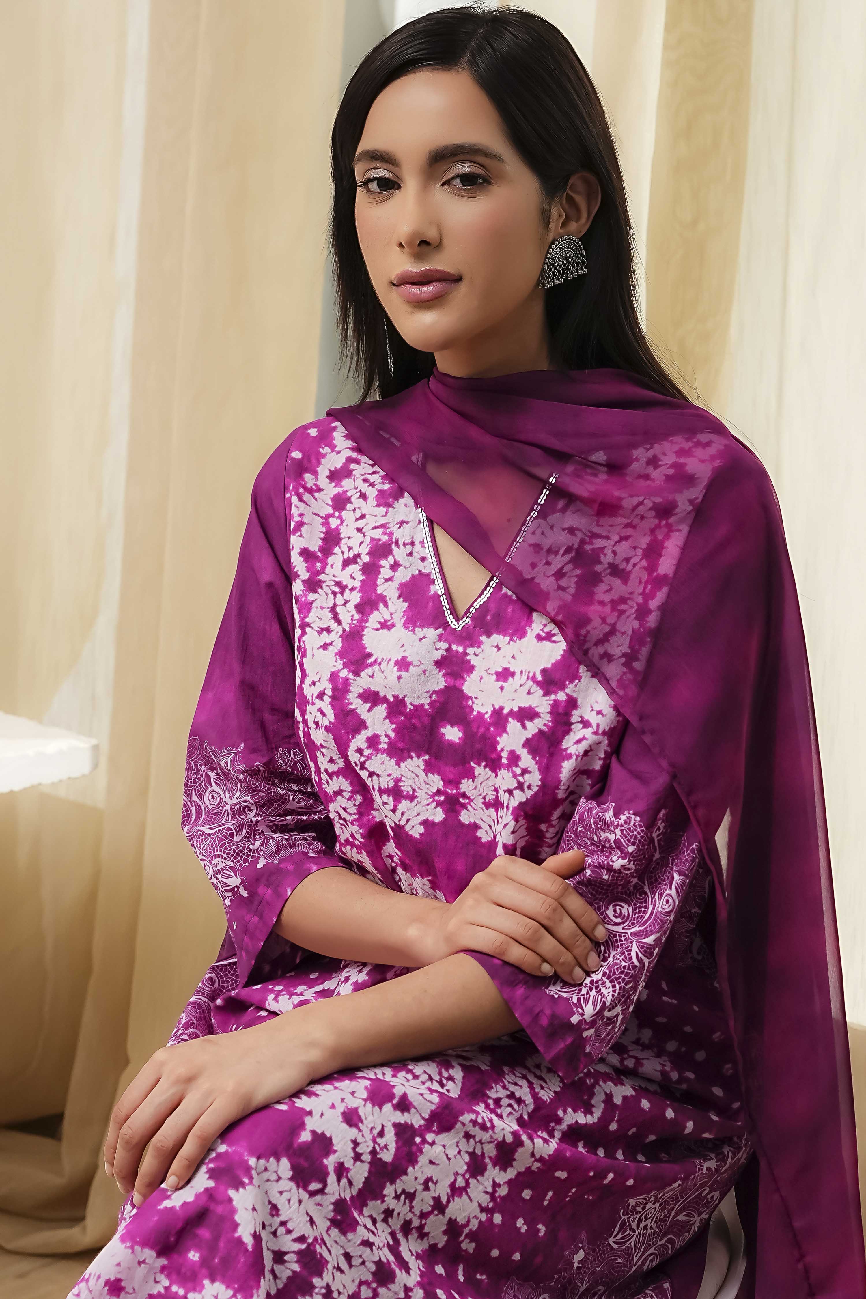 Berry Purple Cotton Straight Suit Set image number 7