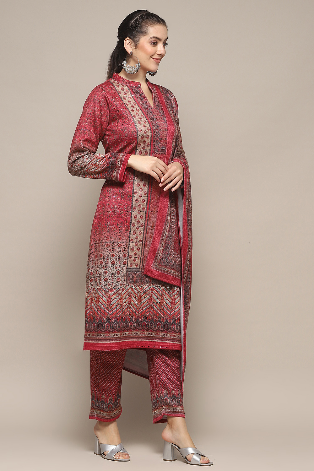 Pink Polyester Straight Printed Kurta Pant Suit Set image number 6