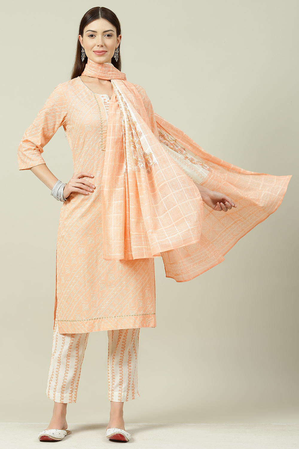 Orange Cotton Screen Print Unstitched Suit Set image number 5